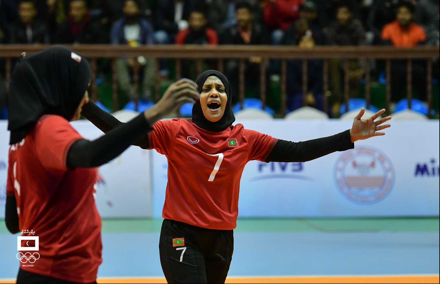 ރާއްޖެ ޓީމުގެ އައިމިނަތު އަރީޝާ މެޗުގެ ތެރެއިން އުފާފާޅުކުރަނީ. -- ފޮޓޯ: މޯލްޑިވްސް އޮލިމްޕިކް ކޮމިޓީ/ ހުސެއިން ވަހީދު