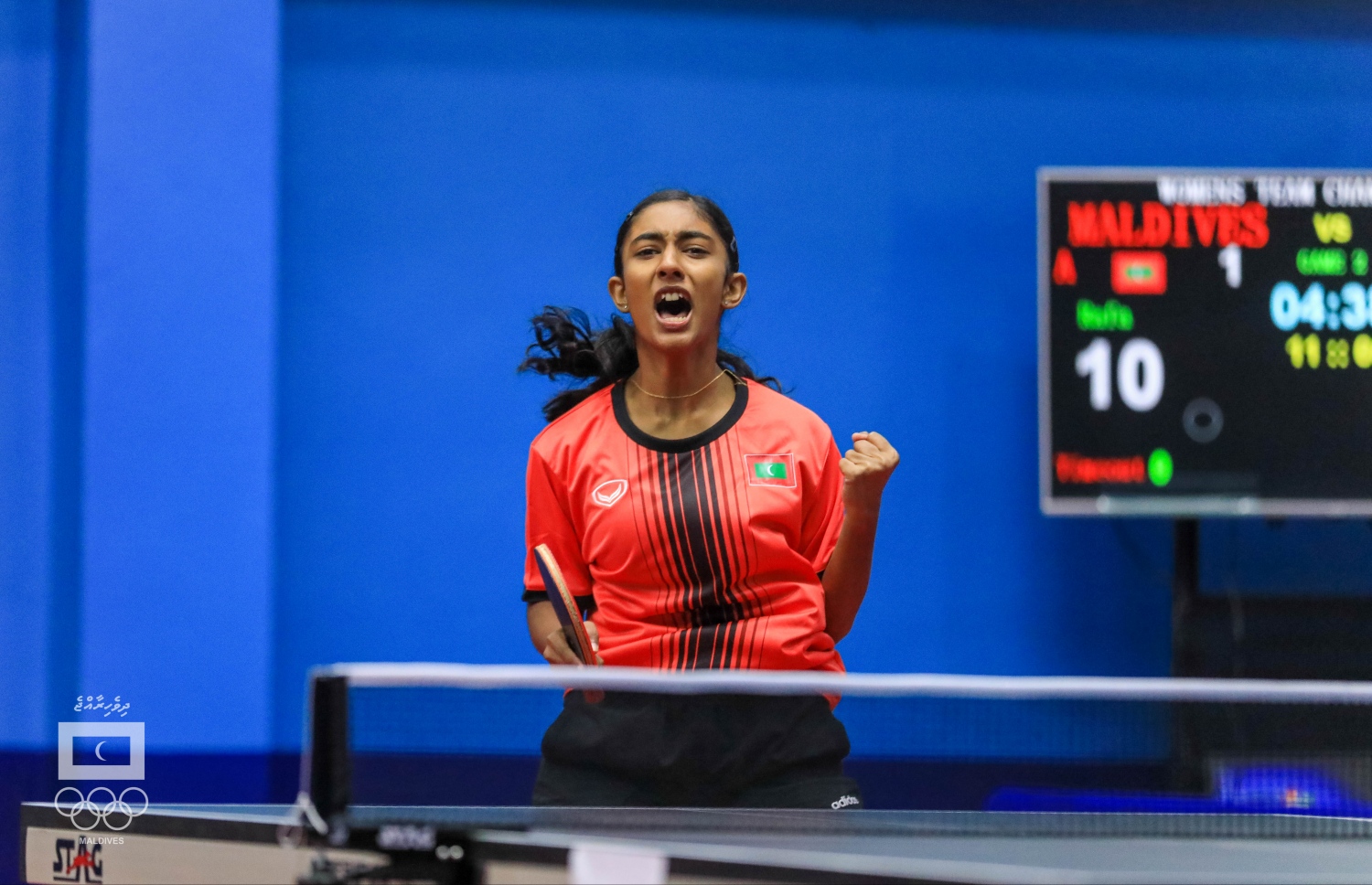 މިއަދުގެ މެޗުގެ ތެރެއިން ރަފާ ޕޮއިންޓެއް ހޯދުމަށް ފަހު އުފާފާޅުކުރަނީ. -- ފޮޓޯ: އަބްދުﷲ އަބީދު/ މޯލްޑިވްސް އޮލިމްޕިކް ކޮމިޓީ