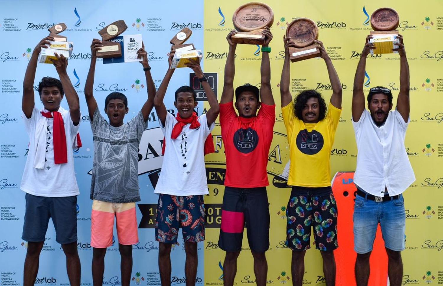 ބަނޑުފިލާ ޗެލެންޖްގެ ވަނަތަކަށް ހޮވުނު ބޮޑީބޯޑަރުން ޓްރޮފީ ހިފައިގެން. -- ފޮޓޯ: ލިކުއިފައި މޯލްޑިވްސް