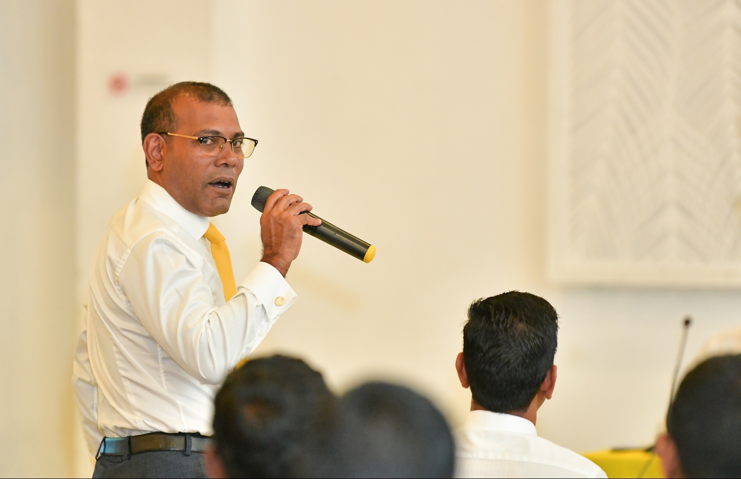 މާލެ: ފެބްރުއަރީ 11، 2020: އެމްޑީޕީގެ ގައުމީ މަޖިލީހުން ދަރުބާރުގޭގައި ބޭއްވި ޖަލްސާގައި ރައްޔިތުން މަޖިލީހުގެ ރައީސް މުހައްމަދު ނަޝީދު ވާހަކަ ދައްކަވަނީ.-- ފޮޓޯތައް: ހުސެން ވަހީދު/ މިހާރު