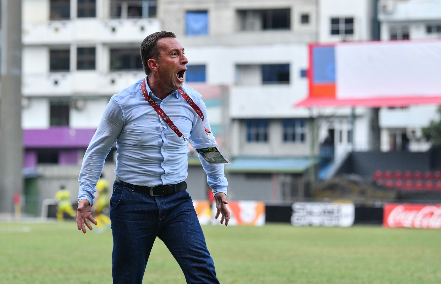 މާލެ- ފެބުރުއަރީ 12، 2020: އޭއެފްސީ ކަޕުގެ ޕްރިލިމިނަރީ ބުރުގެ ދެ ވަނަ ލެގުގައި މިއަދު މާލޭގައި މާޒިޔާ އާއި ބަންގްލަދޭޝްގެ ޑާކާ އަބަހާނީ ބައްދަލުކުރި މެޗުގެ ތެރެއިން--. ފޮޓޯ:ނިޝާން އަލީ/މިހާރު