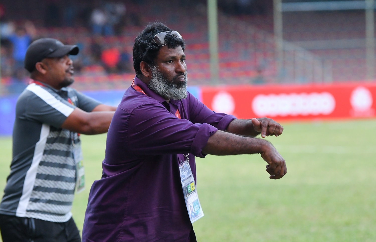 މާލެ- ފެބުރުއަރީ 12، 2020: އޭއެފްސީ ކަޕުގެ ޕްރިލިމިނަރީ ބުރުގެ ދެ ވަނަ ލެގުގައި މިއަދު މާލޭގައި މާޒިޔާ އާއި ބަންގްލަދޭޝްގެ ޑާކާ އަބަހާނީ ބައްދަލުކުރި މެޗުގެ ތެރެއިން--. ފޮޓޯ:ނިޝާން އަލީ/މިހާރު