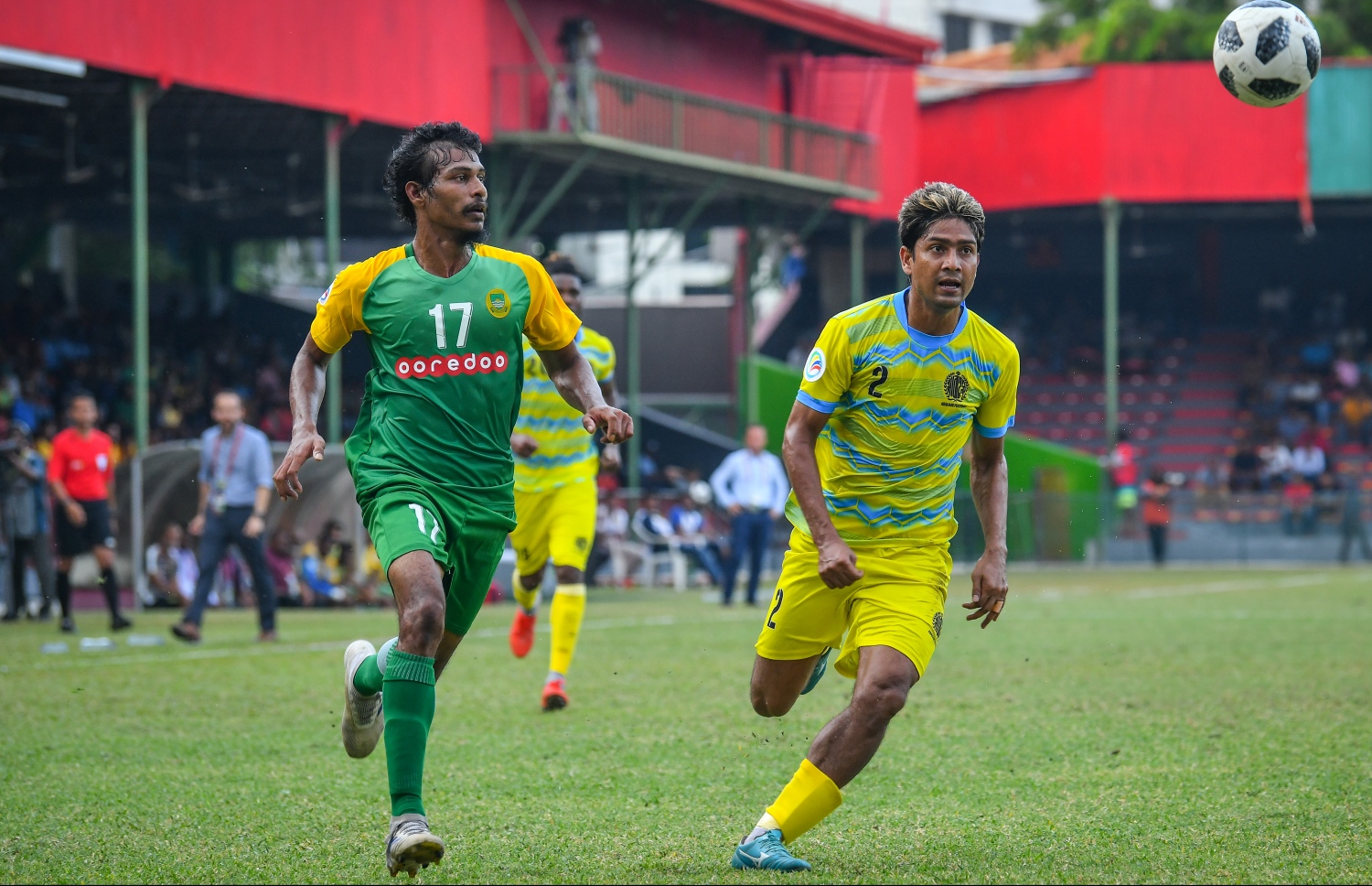 މާލެ- ފެބުރުއަރީ 12، 2020: އޭއެފްސީ ކަޕުގެ ޕްރިލިމިނަރީ ބުރުގެ ދެ ވަނަ ލެގުގައި މިއަދު މާލޭގައި މާޒިޔާ އާއި ބަންގްލަދޭޝްގެ ޑާކާ އަބަހާނީ ބައްދަލުކުރި މެޗުގެ ތެރެއިން--. ފޮޓޯ:ނިޝާން އަލީ/މިހާރު