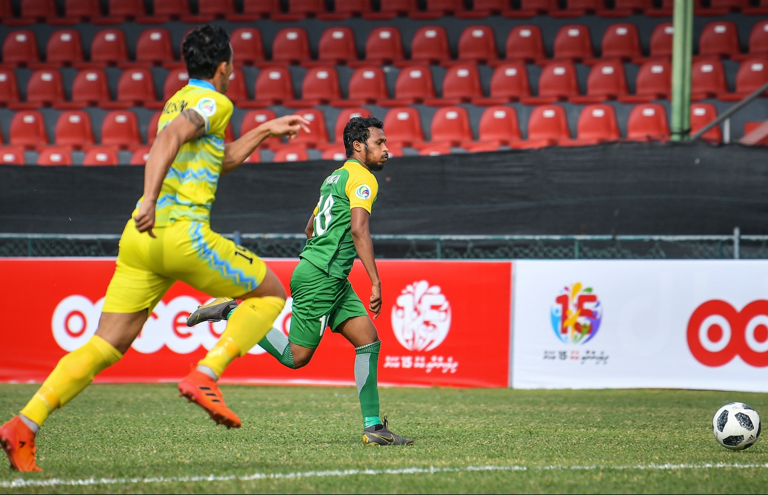 މާލެ- ފެބުރުއަރީ 12، 2020: އޭއެފްސީ ކަޕުގެ ޕްރިލިމިނަރީ ބުރުގެ ދެ ވަނަ ލެގުގައި މިއަދު މާލޭގައި މާޒިޔާ އާއި ބަންގްލަދޭޝްގެ ޑާކާ އަބަހާނީ ބައްދަލުކުރި މެޗުގެ ތެރެއިން--. ފޮޓޯ:ނިޝާން އަލީ/މިހާރު