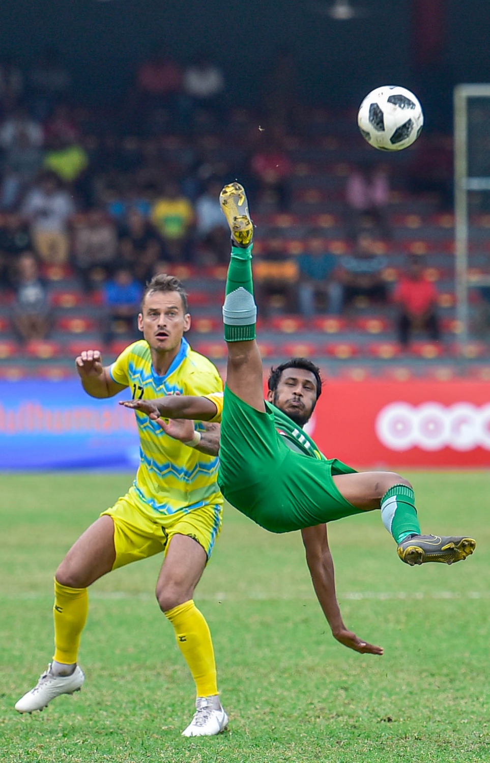 މާލެ- ފެބުރުއަރީ 12، 2020: އޭއެފްސީ ކަޕުގެ ޕްރިލިމިނަރީ ބުރުގެ ދެ ވަނަ ލެގުގައި މިއަދު މާލޭގައި މާޒިޔާ އާއި ބަންގްލަދޭޝްގެ ޑާކާ އަބަހާނީ ބައްދަލުކުރި މެޗުގެ ތެރެއިން--. ފޮޓޯ:އަހުމަދު އަވްޝަން އިލްޔާސް /މިހާރު