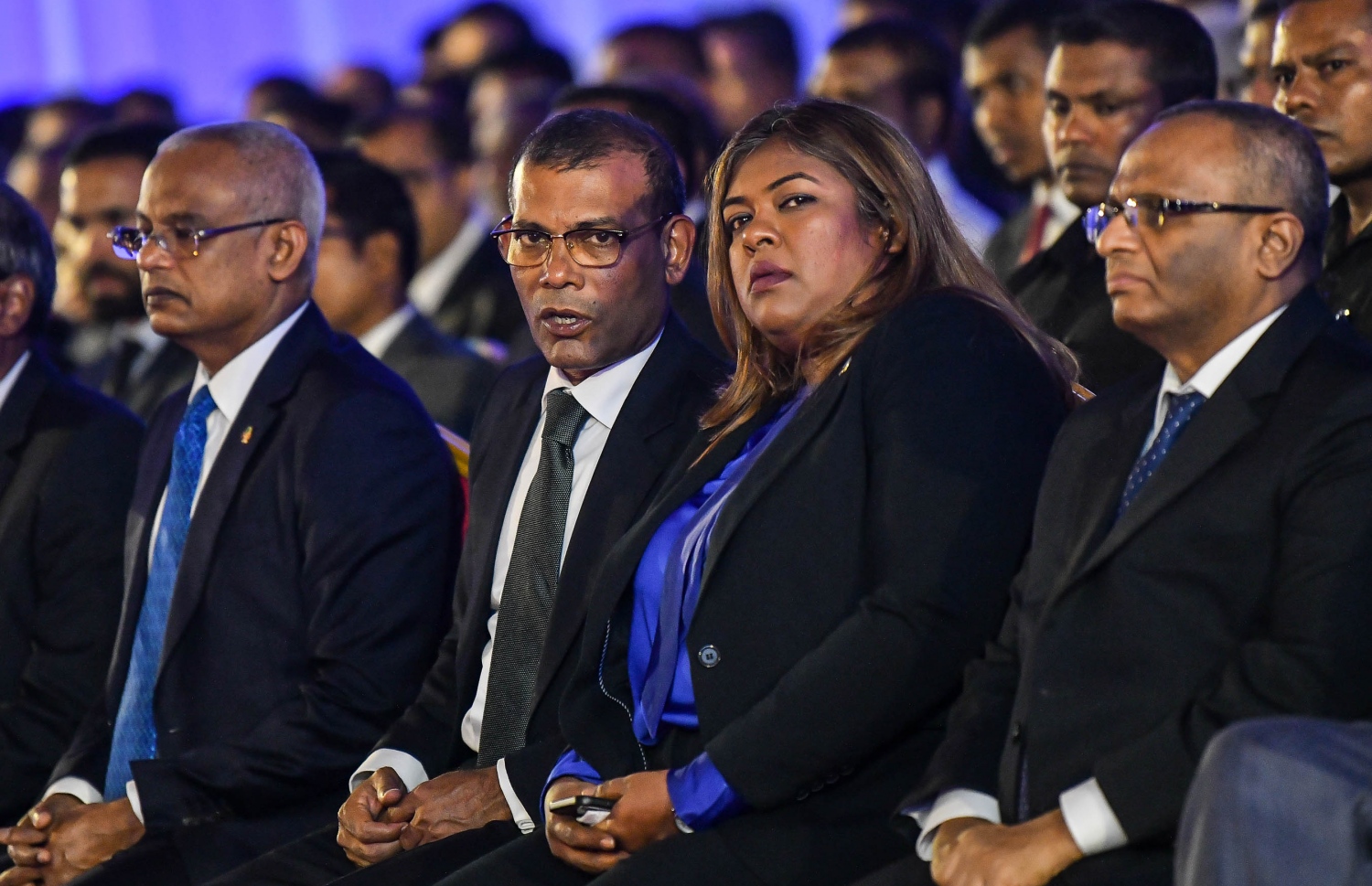 މާލެ: ފެބްރުއަރީ 18، 2020- ޖުޑީޝަލް އަހަރު ފެށުން ފާހަގަކުރުމަށް ދަރުބާރުގޭގައި ބޭއްވި ހަފްލާގެ ތެރެއިން، ރައްޔިތުންގެ މަޖިލީހުގެ ރައީސް ނަޝީދާއި ސުޕްރީމް ކޯޓުގެ ފަނޑިޔާރު ޝުޖޫން ވާހަކަ ދައްކަވަނީ.---ފޮޓޯ: އަހުމަދު އަވްޝަން/މިހާރު