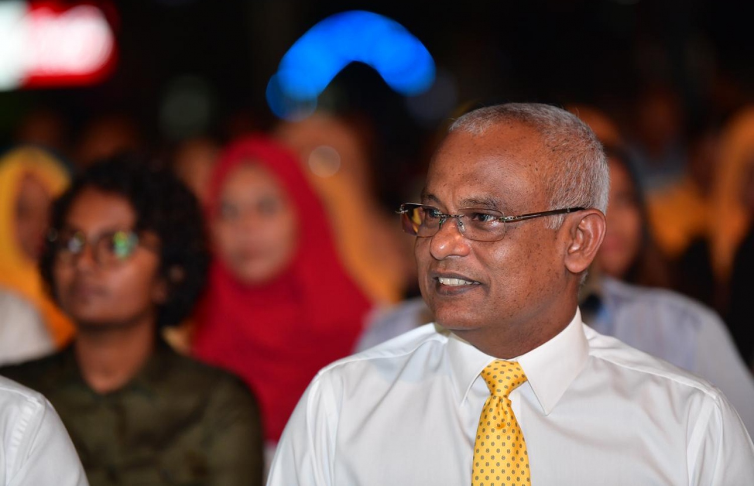 ކައުންސިލް އިންތިޚާބުގެ ކެމްޕޭން ފެށުމަށް ބޭއްވި ޖަލްސާގައި ރައީސް ބައިވެރިވެވަޑައިގަންނަވަނީ. --ފޮޓޯ: ނިޝާން އަލީ/މިހާރު