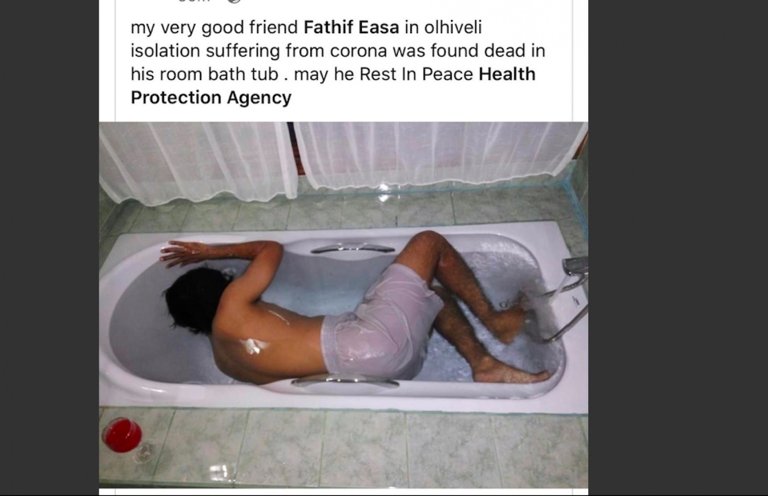 އައިސޮލޭޝަންގައި ހުރި މީހަކު މަރުވެފައިވާ ކަމަށް ބުނެ ކޮށްފައިވާ ޕޯސްޓް