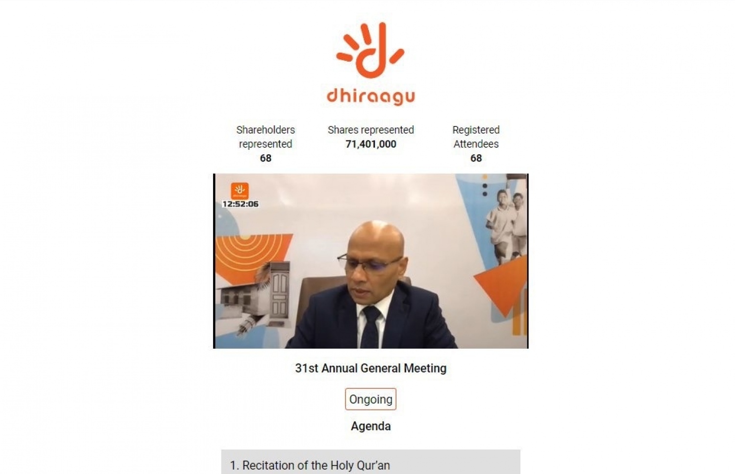 ދިރާގުން މިއަދު އޮންލައިންކޮށް ބޭއްވި އަހަރީ އާއްމު ޖަލްސާގައި އެކުންފުނީގެ ސީއީއޯ އަދި އެމްޑީ އިސްމާއިލް ރަޝީދު ބައިވެރިވެ ވަޑައިގަންނަވަނީ. -- ފޮޓޯ: ދިރާގު