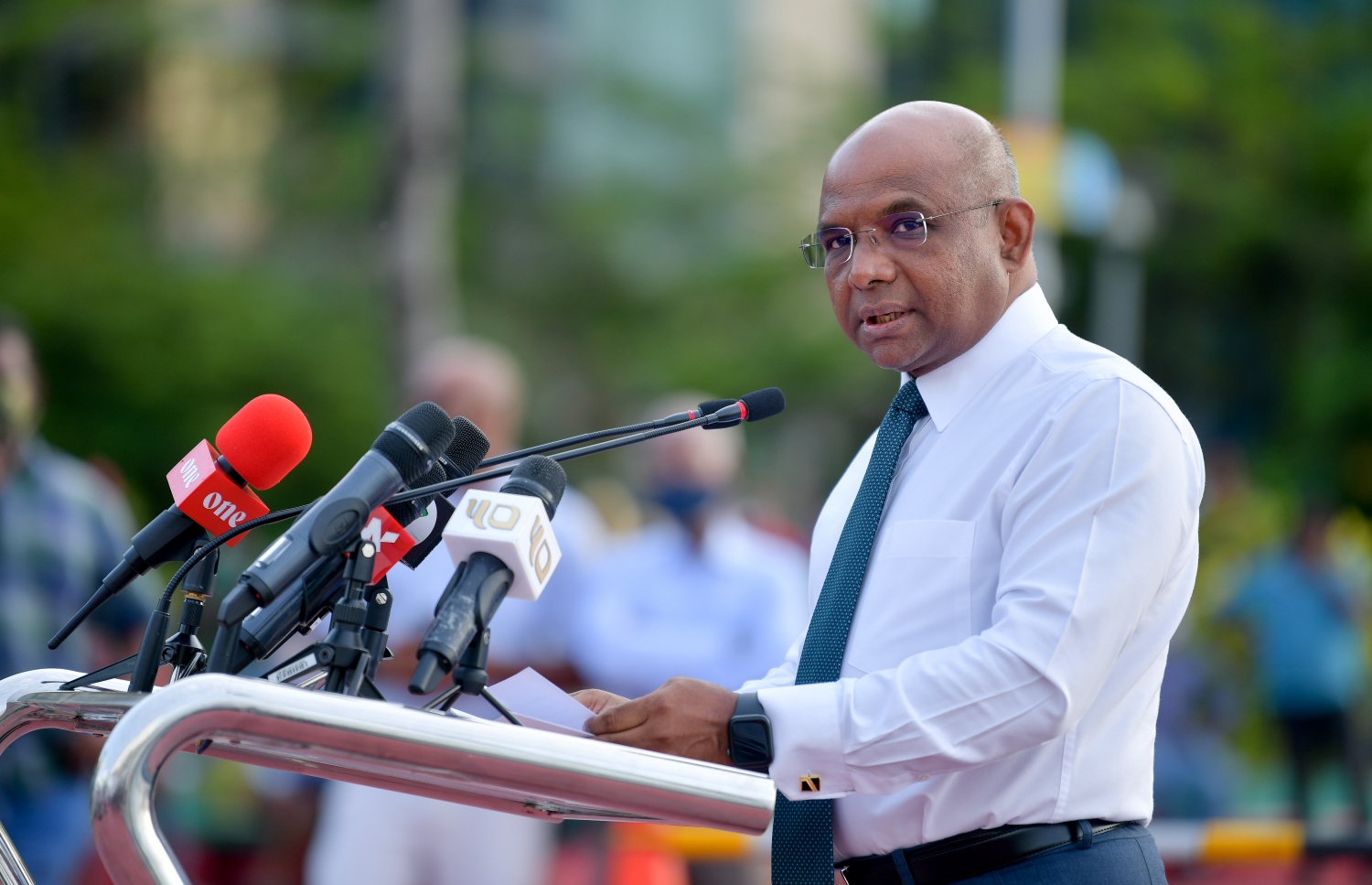 އިއްޒުއްދީން ޖެޓީގައި މިއަދު ކުރިއަށް ދިޔަ ރަސްމިއްޔާތުގައި ފޮރިން މިނިސްޓަރު ޝާހިދު ވާހަކަދައްކަވަނީ -- ފޮޓޯ: ނިޝާން އަލީ/ މިހާރު