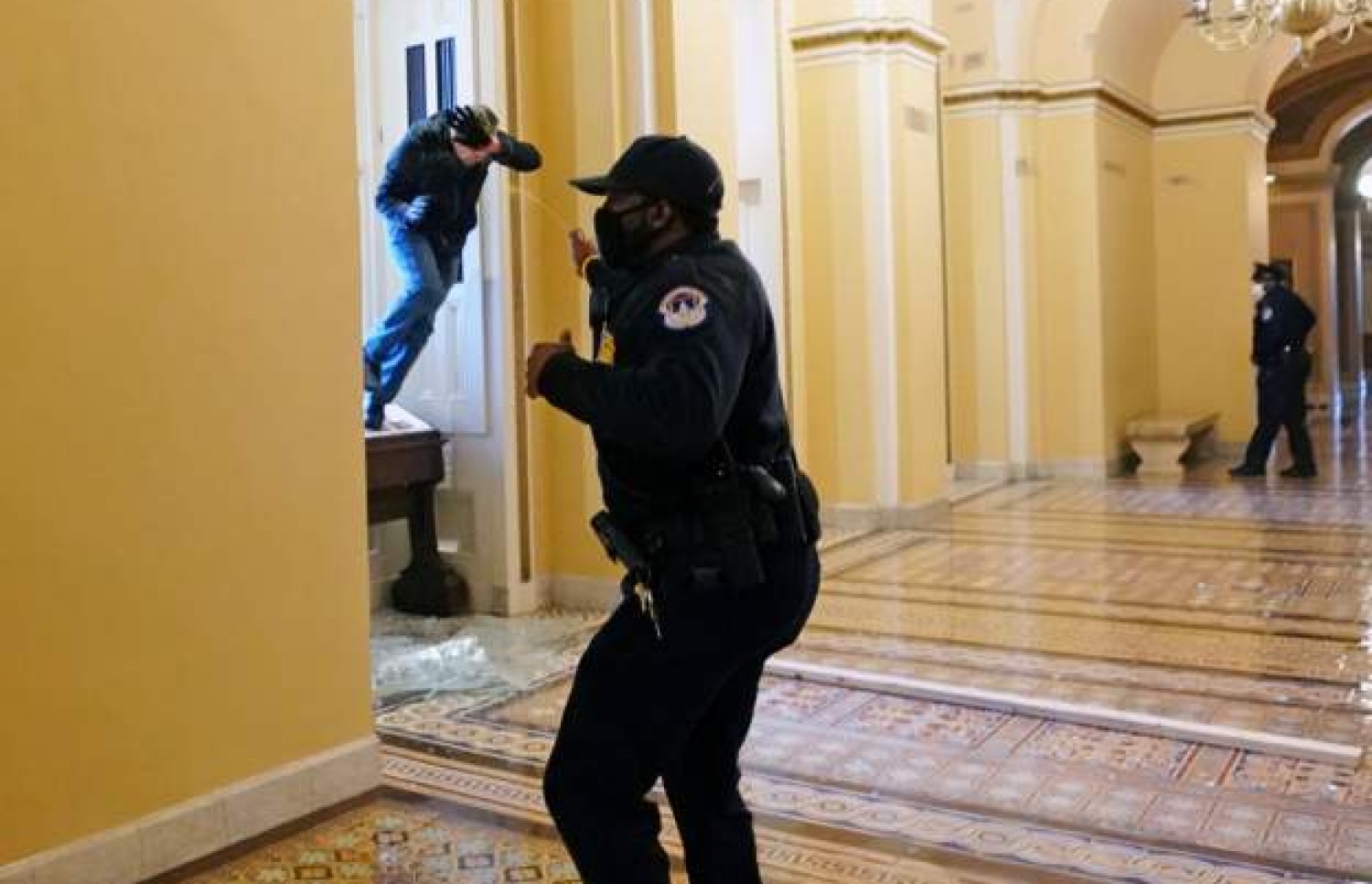 ޓްރަމްޕުގެ ސަޕޯޓަރަކު ކޮންގްރެސް އިމާރާތުގެ ތެރެއަށް ފުންމާލަނީ. --ފޮޓޯ:ގެޓީ އިމޭޖަސް