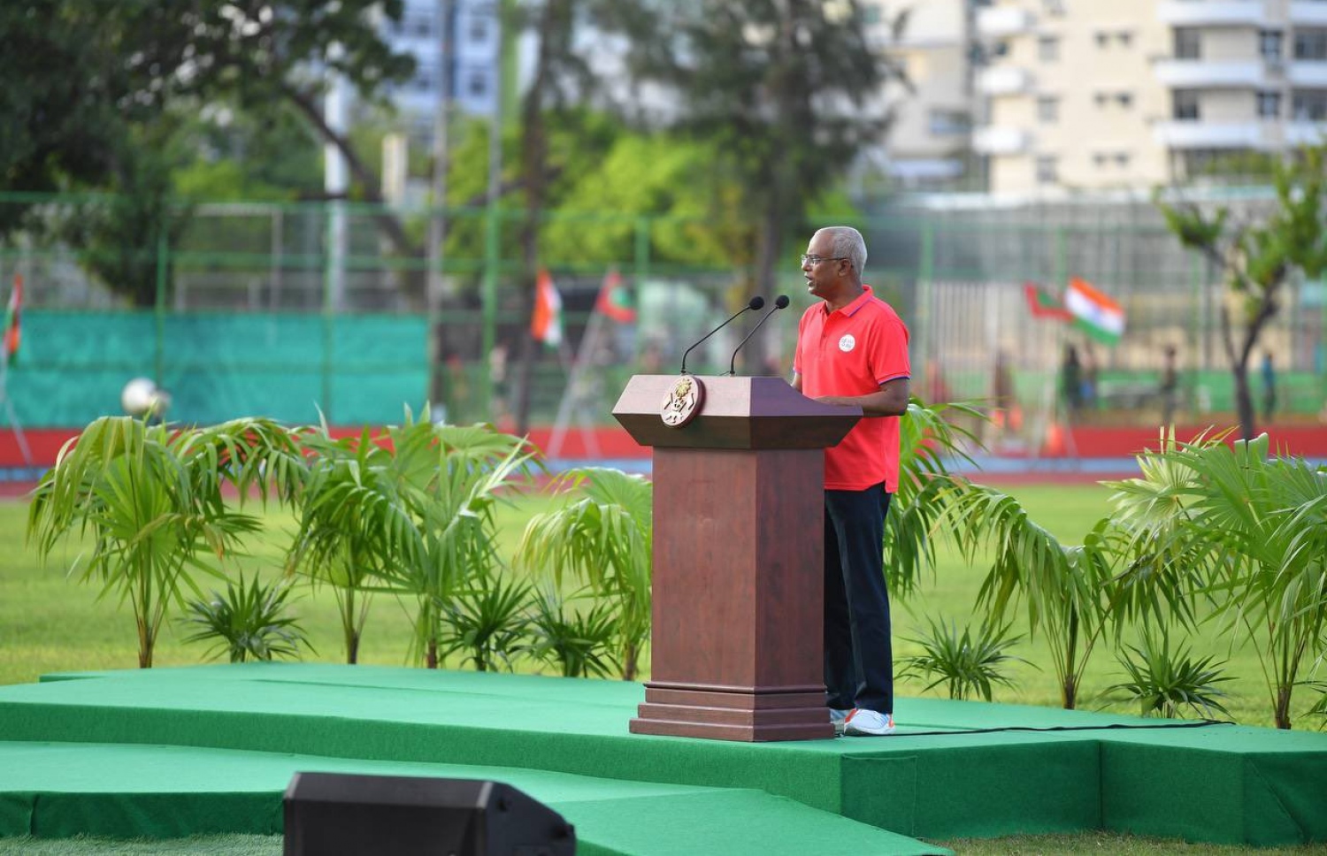 ސިންތެޓިކް ޓްރެކް ހުޅުވަން މިއަދު ބޭއްވި ރަސްމިއްޔާތުގައި ރައީސް އިބްރާހިމް މުހައްމަދު ސޯލިހު ވާހަކަފުޅުދައްކަވަނީ-- ފޮޓޯ: ރައީސް އޮފީސް