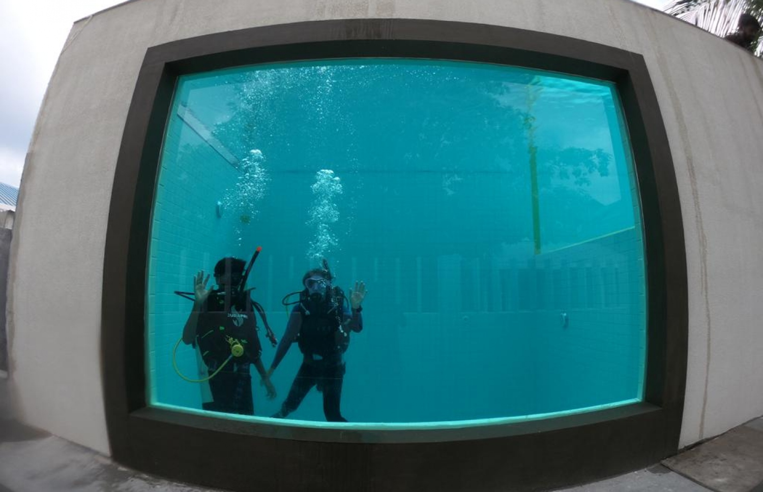 ފުވައްމުލަކު ޑައިވްކްލަބް އޮލިގޭގައި ހަދާފައިވާ ޕޫލްގައި ބަޔަކު ޑައިވްކުރަނީ. މިއީ ރާއްޖޭގެ އެންމެ ފުން ޕޫލް. ފޮޓޯ: ޑައިވްކްލަބް އޮލިގެ