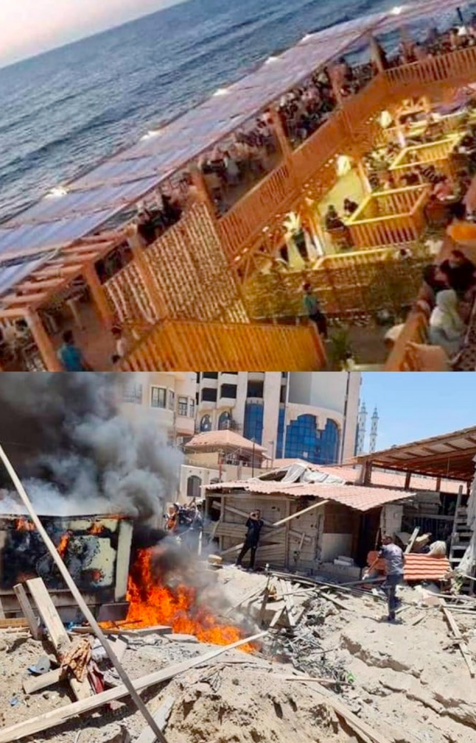 ފަލަސްތީން: ގާޒާ: މޭ 18، 2021: ފަލަސްތީނުގެ ގާޒާގައި ހުންނަ "ގާޒާ މޯލްޑިވްސް ރެސްޓޯރެންޓް" ކުރިން ހުރި ގޮތާއި މިހާރު އޮތް ގޮތް.-- ފޮޓޯ: ރޮއިޓާސް