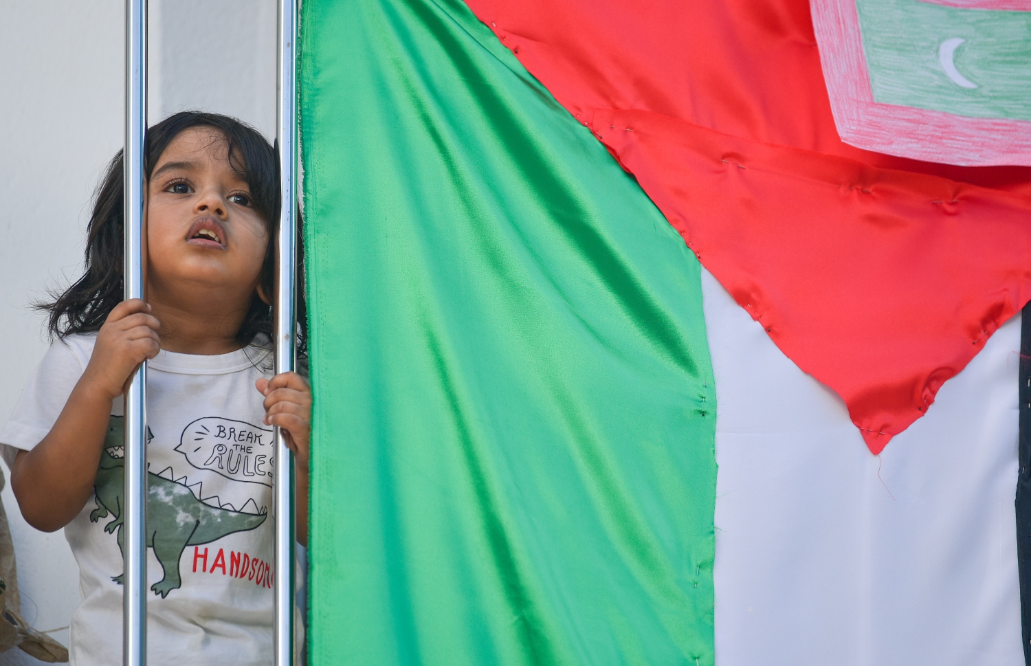 މާލެ- މޭއި 18، 2021: އިޒްރޭލުން ފަލަސްތީނަށް ދޭ ހަމަލާތަކާ ދެކޮޅުހަދައި ފަލަސްތީނާ އެކުގައި ތިބިކަން ހާމަކުރުމަށް ފަލަސްތީނު ދިދަ ހިފައިގެން ކުޑަ ކުއްޖަކު ބެލްކަނީގައި --.ފޮޓޯ: ނިޝާން އަލީ/މިހާރު