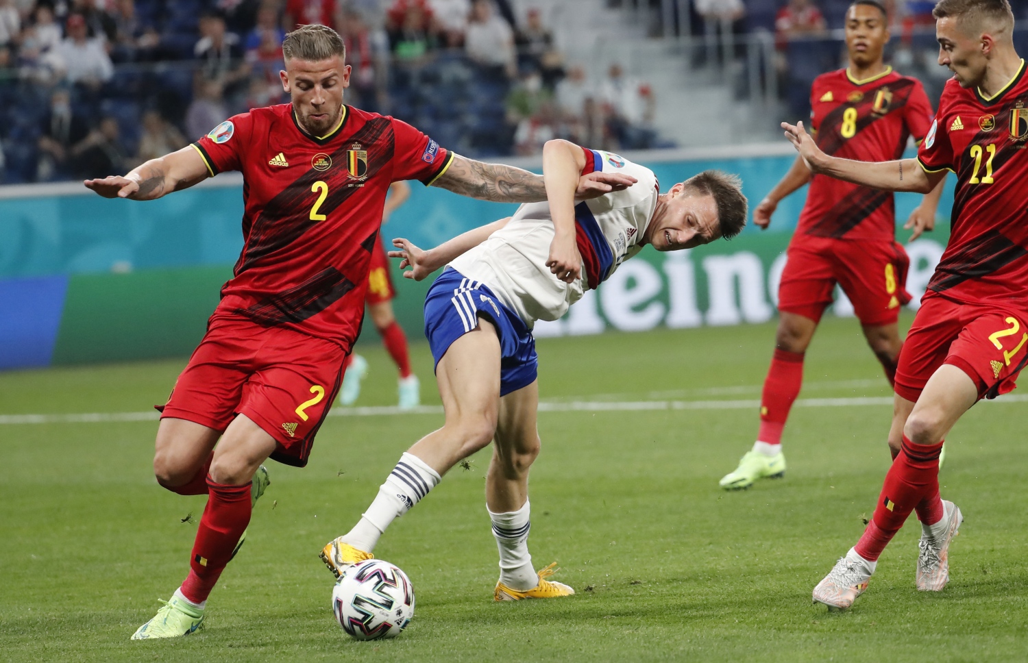 މޮސްކޯ: ޖޫން 13، 2021: ޔޫރޯ 2020 ގެ ބެލްޖިއަމް އަދި ރަޝިއާ ބައްދަލުކުރި މެޗުގެ ތެރެއިން: މި މެޗުގައި ބެލްޖިއަމް ވަނީ 0-3 އިން ރަޝިޔާ މައްޗަށް ކުރިހޯދާފައި.-- ފޮޓޯ: އޭއެފްޕީ