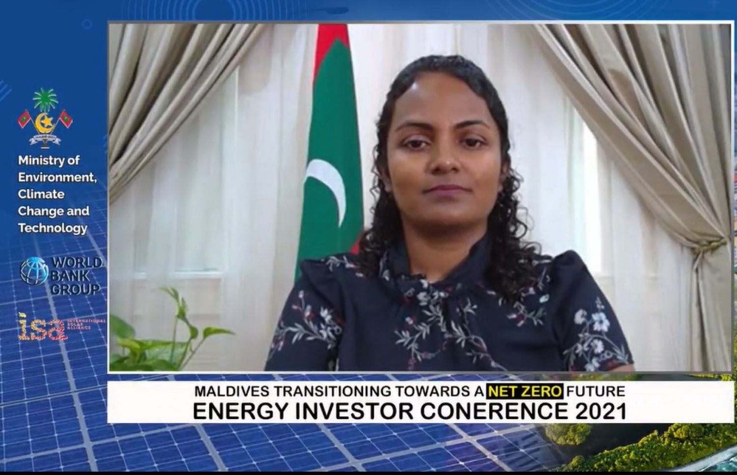 އެންވަޔަރަމަންޓް މިނިސްޓަރު އައިމިނަތު ޝައުނާ "އެނާޖީ އިންވެސްޓާ ކޮންފަރެންސް 2021" ގައި ވާހަކަދައްކަވަނީ.--- ފޮޓޯ: އެންވަޔަރަމަންޓް މިނިސްޓްރީ