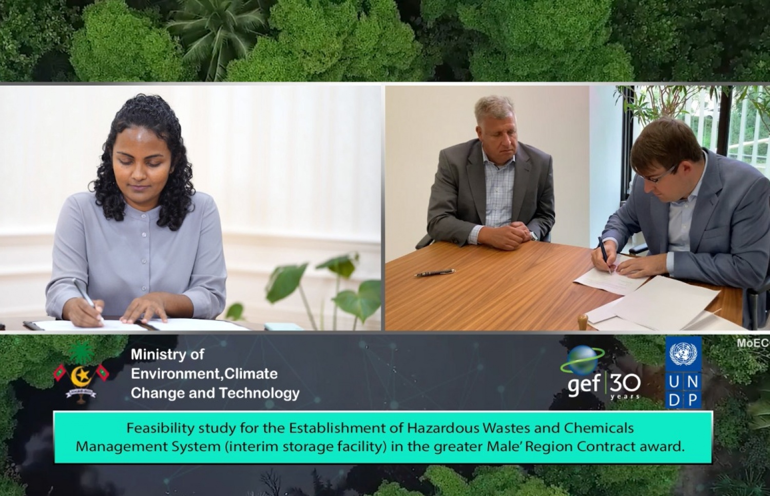 ކެމިކަލް މެނޭޖިން ފެސިލިޓީއެއް ގާއިމުކުރުމަށް ބޭނުންވާ ފީސިބިލިޓީ ސްޓަޑީ ތައްޔާރުކުރުމަށް، އެންވަޔަރަމަންޓް މިނިސްޓްރީން ބަޔަކާ އެކު އެއްބަސްވުމުގައި ސޮއިކުރުމަށް ބޭއްވި ރަސްމިއްޔާތު.