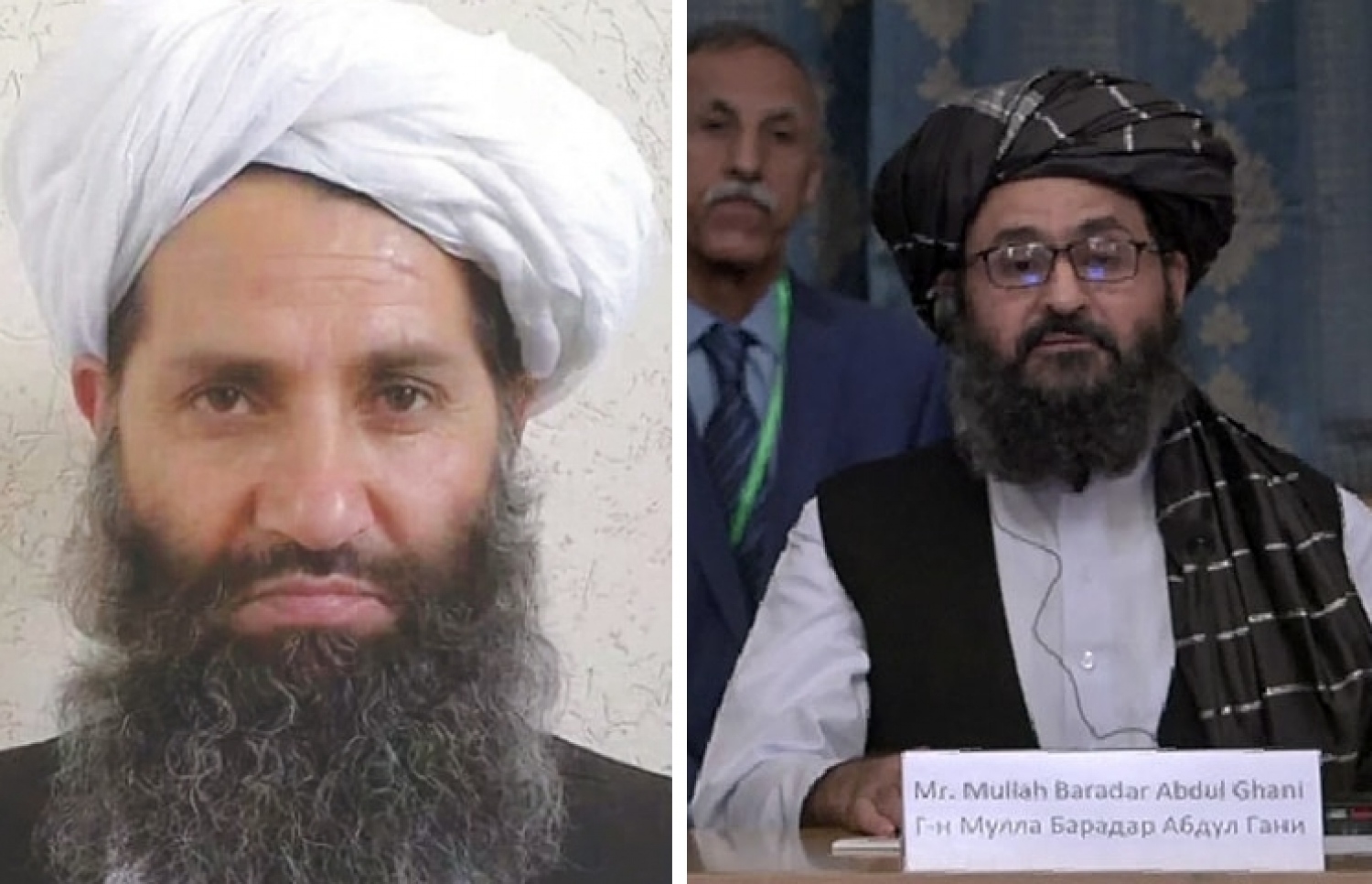 ތާލިބާން ޖަމާއަތުގެ ރޫހާނީ ލީޑަރުގެ މަގާމުގައި މިހާރު ހުރި، ހައިބަތުﷲ އަޚުންޒާދާ (ވ) އަދި ސިޔާސީ ގޮފީގެ ވެރިޔާ މުއްލާ ބިރާދަރު އަބްދުލްޣަނީ.