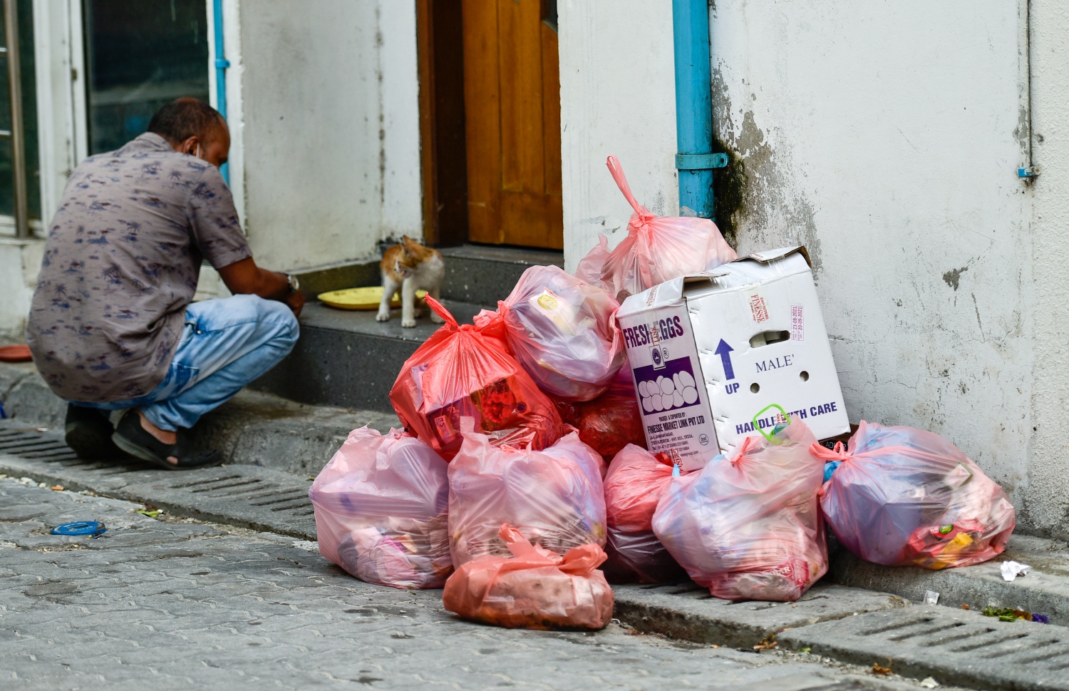 މާލެ: ސެޕްޓެމްބަރު 16، 2021: މާލޭގެ މަގަކަށް ނެރިފައި ހުރި ކުނި ކޮތަޅު ތަކެއް ކައިރީ މީހަކު ބުޅަލަކަށް ކާންދެނީ.-- ފޮޓޯ: އަހުމަދު އަވްޝަން / މިހާރު