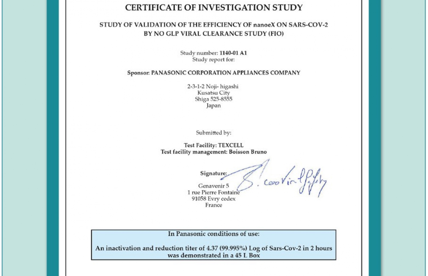 ޓެކްސެލް އިން ޕެނެސޮނިކް އޭސީ އަށް ދީފައިވާ ސެޓްފިކެޓް. ނެނޯއީ އެކްސް ޓެކްނޮލޮޖީ މެދުވެރިކޮށް 45 ލީޓަރުގެ ފޮށިގަނޑެއްގައި ހުރި ކޮރޯނާ ވައިރަސްތައް ދެ ގަޑިއިރުގެ ތެރޭގައި 99 ޕަސެންޓްގެ ވައިރަސް ނައްތާލެވޭނެ--