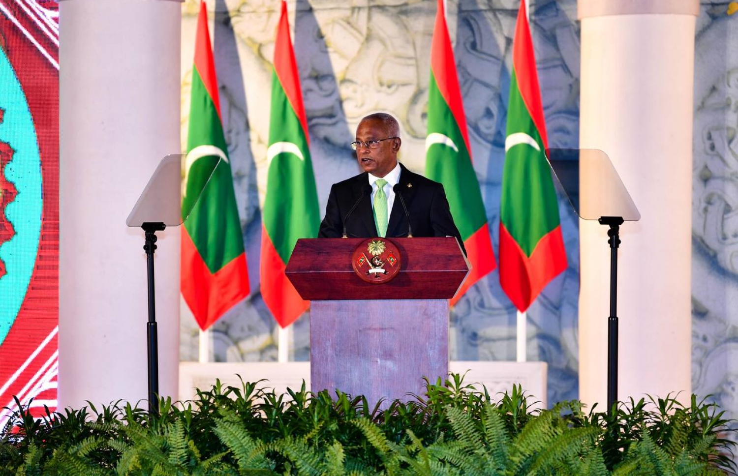 މާލެ: އޮކްޓޯބަރު 6، 2021: ގައުމީ ދުވަހުގެ ޖަލްސާގައި ރައީސް އިބްރާހިމް މުހައްމަދު ސޯލިހު ވާހަކަ ދައްކަވަނީ-- ފޮޓޯ/ ރައީސް އޮފީސް