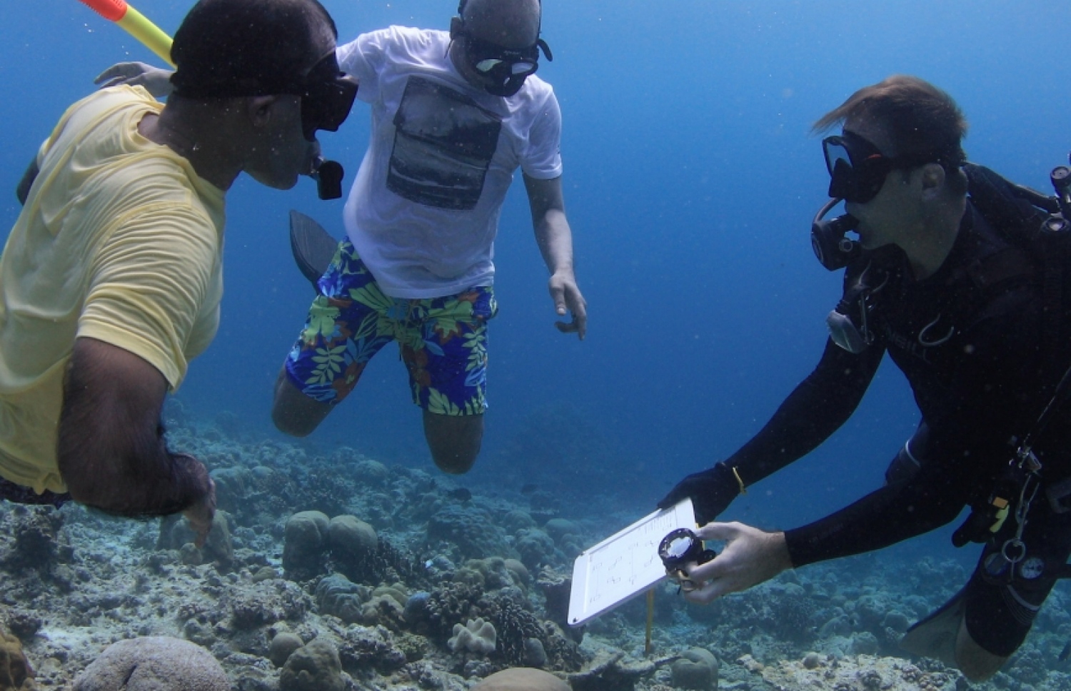 ފަރުތައް ސާވޭ ކުރުމުގެ މަސައްކަތުގައި ރައީސް އިބްރާހިމް މުހައްމަދު ސޯލިހާއި ރައްޔިތުންގެ މަޖިލީހުގެ ރައީސް، ރައީސް މުހައްމަދު ނަޝީދު ބައިވެރިވެވަޑައިގަންނަވަނީ -- ފޮޓޯ: ޓްރެވިސް މެޓިސަން