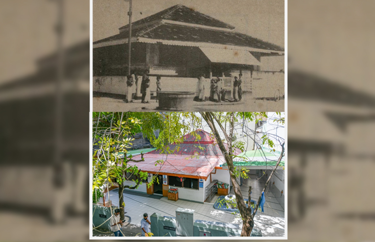 ޑިސެމްބަރު 14، 2021-- އީދު މިސްކިތް ބިނާކުރި ޒަމާނުގައި އިރުއުތުރުން މިސްކިތް ފެންނަ މަންޒަރު (މަތީގައި) އަދި މިހާރު ޖާގަ އިތުރުކުރުމަށް ފަހުން ހެދި ސަރަހައްދު (ތިރީގައި). މި ސަރަހައްދުގެ ސަބަބުން މިސްކިތުގެ މިސްކިތުގެ އަސްލު މަންޒަރު ވަނީ ފޮރުވިފައި -- ފޮޓޯ: ފަޔާޒު މޫސާ/ މިހާރު