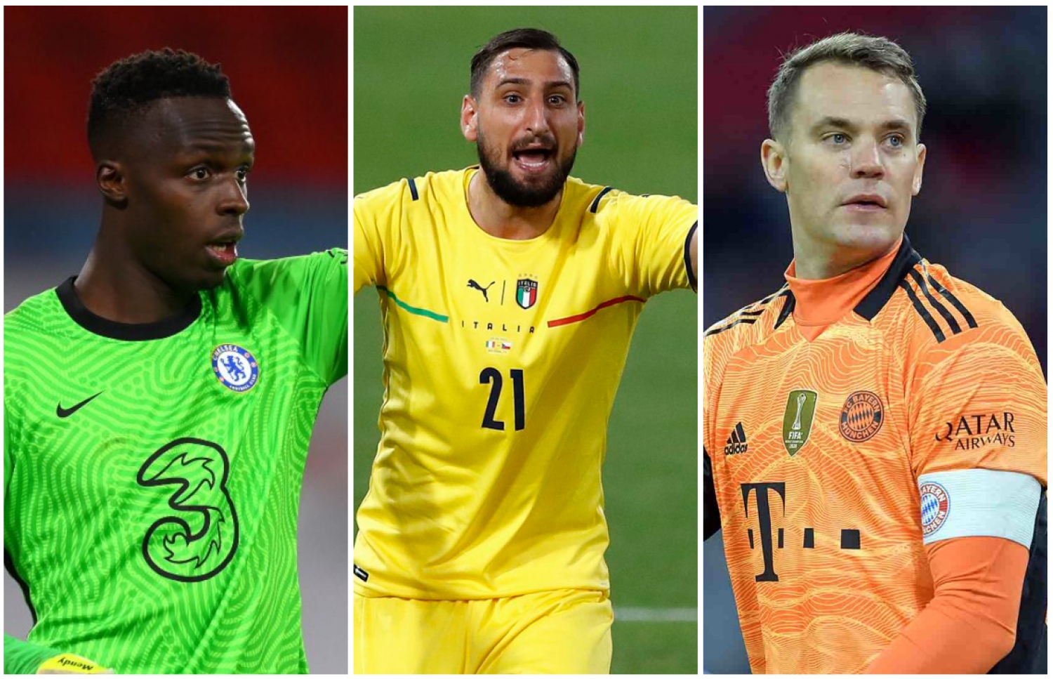 އެންމެ މޮޅު ގޯލްކީޕަރުންނަށް ވާދަކުރާ ކުޅުންތެރިން. ނޯޔާ (ކ)، ޑޮނަރޫމާ (މ) އަދި އެޑުއާޑް މެންޑީ (ވ).--