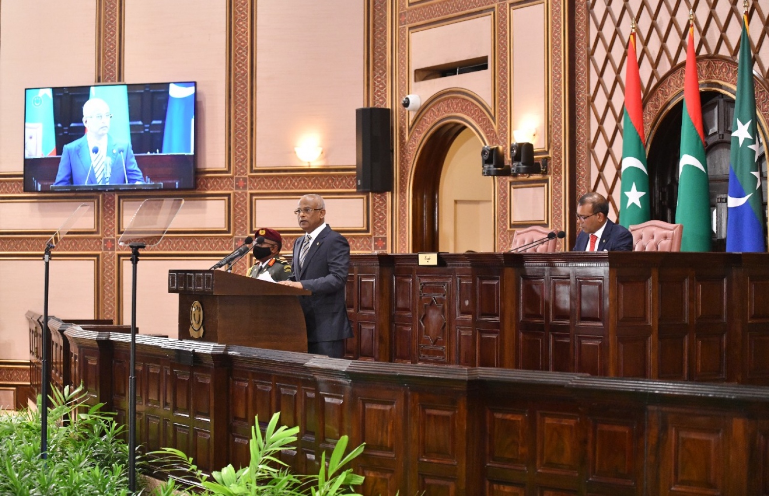 ރައްޔިތުންގެ މަޖިލިސް މިއަހަރަށް ހުޅުވާ ޖަލްސާގައި ރައީސް އިބްރާހިމް މުހައްމަދު ސޯލިހު ރިޔާސީ ބަޔާން އިއްވަވަނީ-- ފޮޓޯ: މަޖިލިސް