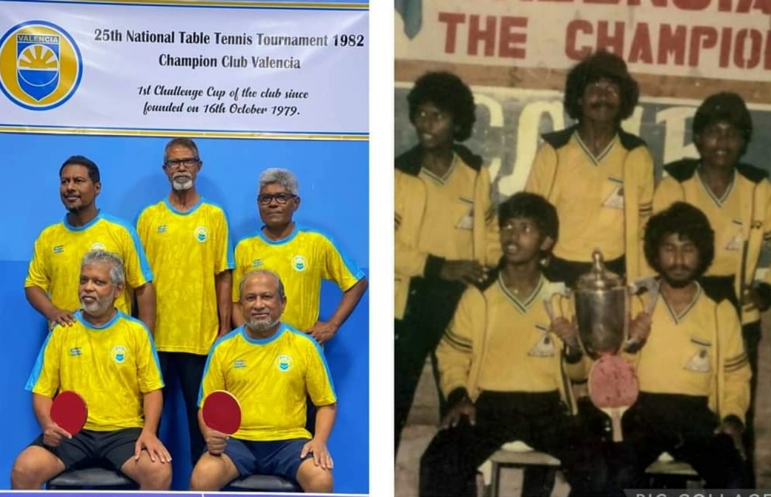 ވެލެންސިއާއިން 1982 ގެ ގައުމީ ޓީޓީ މުބާރާތް ކާމިޔާބު ކުރި ޓީމު: ކަނާތް ފަރާތު ފޮޓޯގައި އެ މުބާރާތް ކާމިޔާބު ކުރުމަށް ފަހު ތައްޓާ އެކު ފޮޓޯ އަކަށް ހުއްޓިލައިގެން އަދި ވާތް ފަރާތު ފޮޓޯގައި އެ ކާމިޔާބު ފާހަގަ ކުރުމަށް 40 އަހަރަށް ފަހު ބޭއްވި ޓީޓީގެ ހަރަކާތުގެ ތެރެއިން.