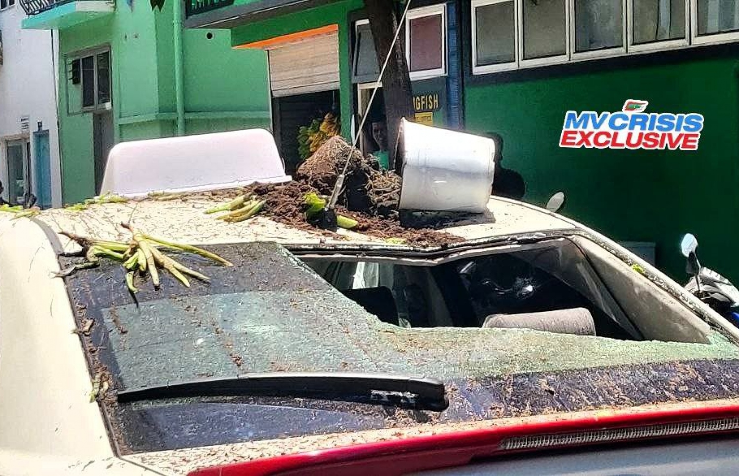 އިމާރާތަކުން ޓެކްސީއެއްގެ މައްޗަށް ޕޮޓްތަކެއް ވެއްޓިފައި--