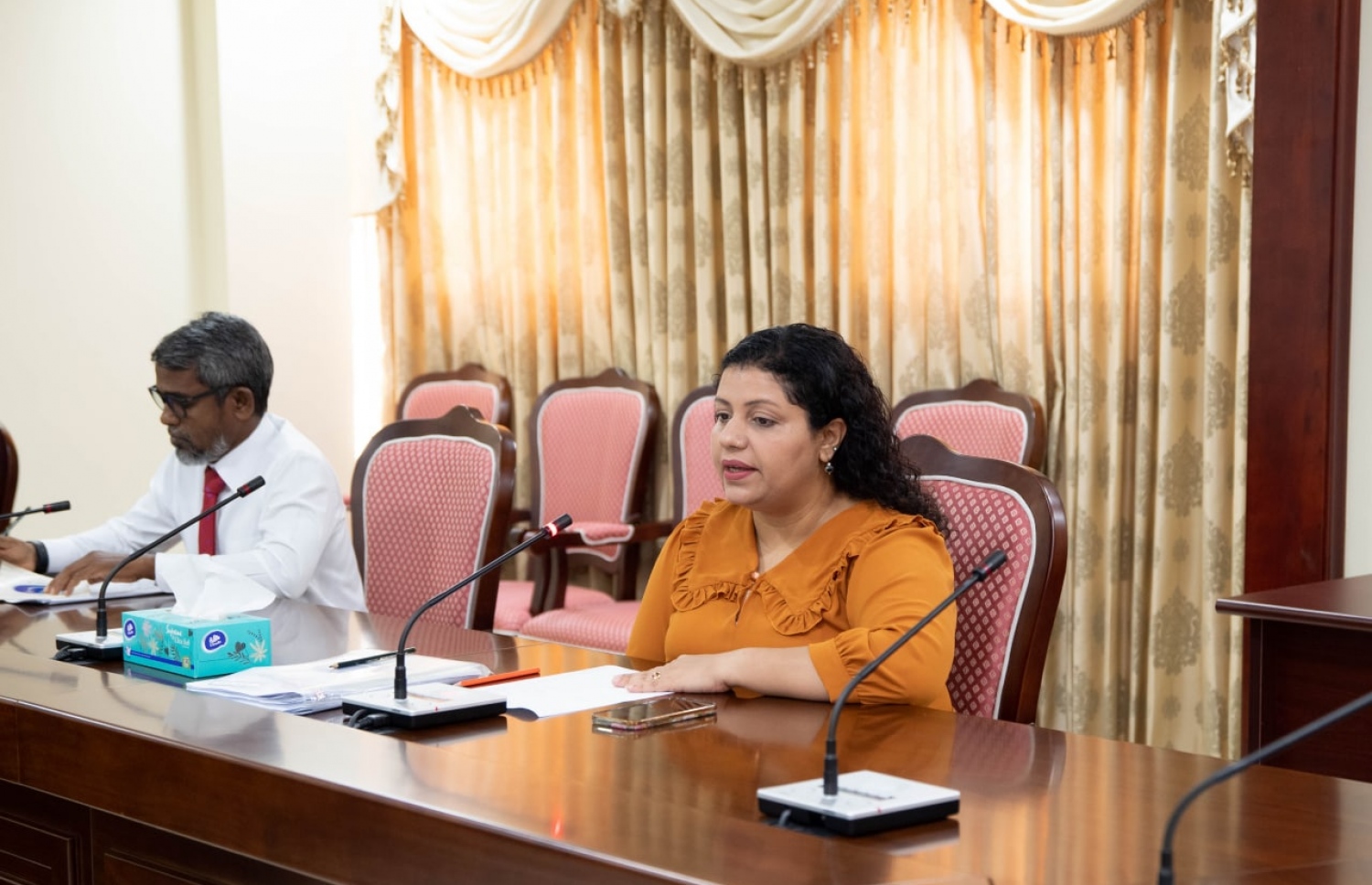 މަޖިލީހުގެ ޖެންޑާ އެންޑް ހިއުމަން ރައިޓްސް ކޮމިޓީގެ މުގައްރިރު އަދި ހިންނަވަރު ދާއިރާގެ މެމްބަރު ޖީހާން މަހްމޫދު.  ފޮޓޯ/ ރައްޔިތުންގެ މަޖިލިސް