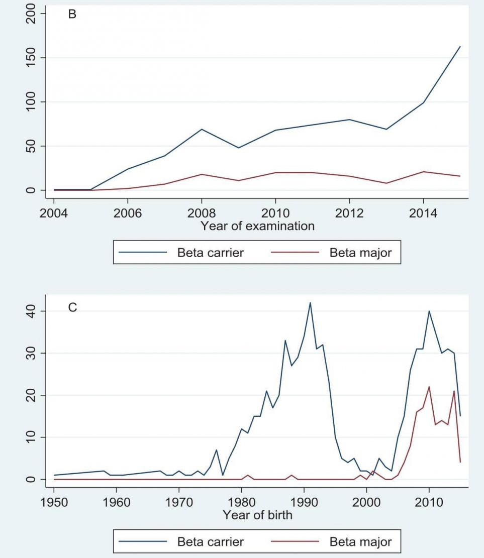 ރާއްޖޭގައި ތެލެސީމިއާ ބީޓާ ކެރިއަރުންނާއި ބީޓާ މޭޖާގެ ތަފާސްހިސާބުތަކުގެ ޗާޓެއް.