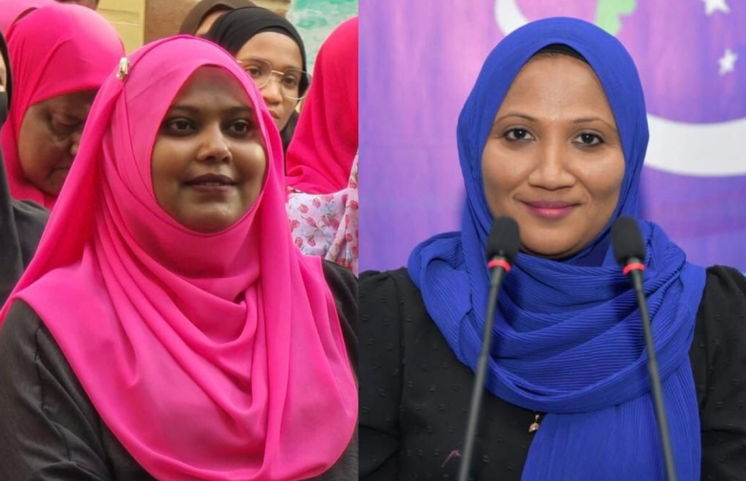 ވިލިމާލެ ދާއިރާގެ އަންހެނުން ކޮމިޓީއަށް އެމްއެންޕީގެ ޓިކެޓުގައި ވާދަކުރާ ޝީޒާ އަދި ޕީޕީއެމުން ވާދަކުރާ ނާޒިމާ.-- ފޮޓޯ: ސޯޝަލް މީޑިއާ