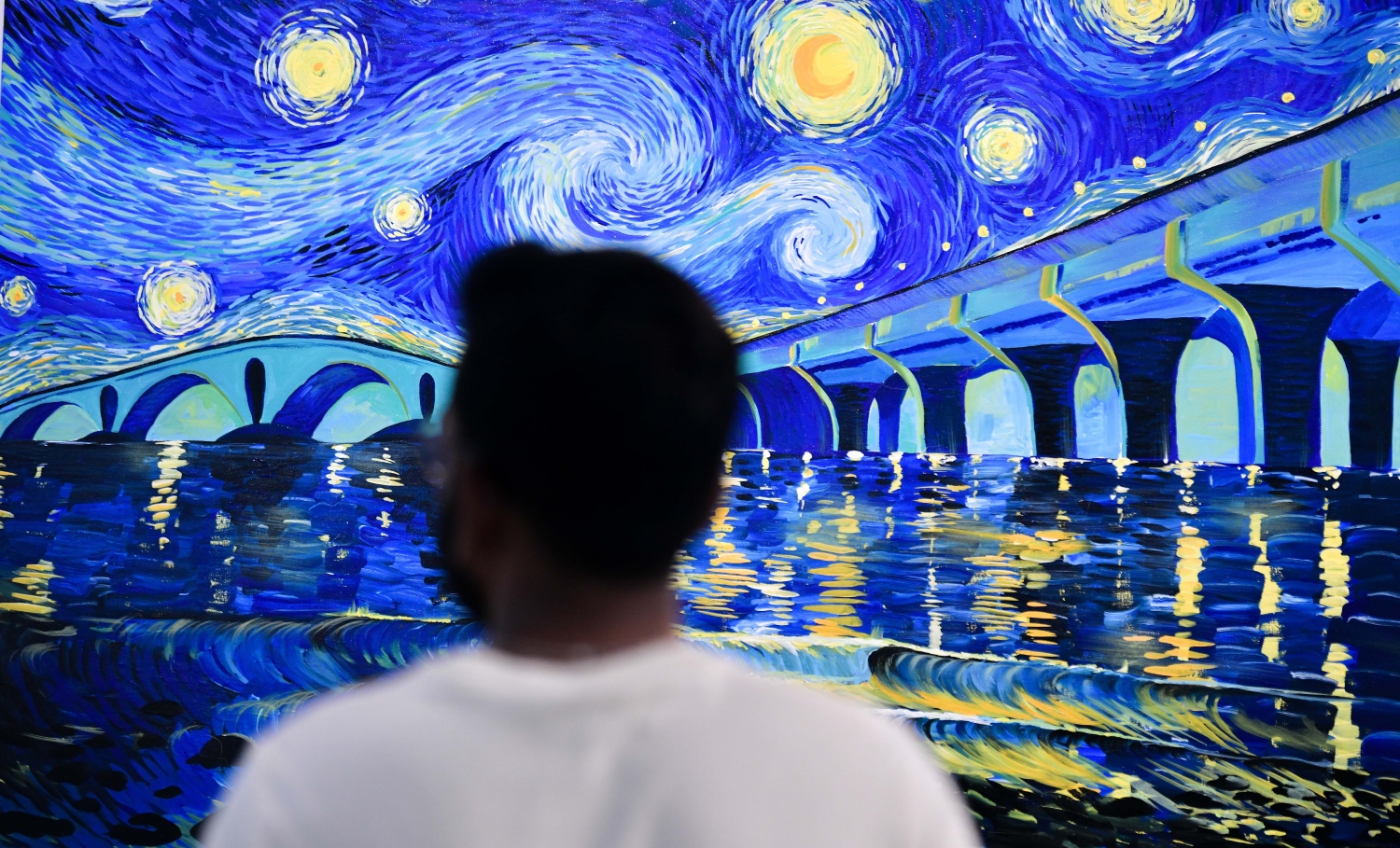 ނެޝަނަލް އާޓް ގެލެރީގައި ހުރި އާޓް ވޯކެއް ކައިރީ މީހަކު ހުއްޓިލައިގެން --- ދޯ ފޮޓޯ : ފަޔާޒް މޫސާ