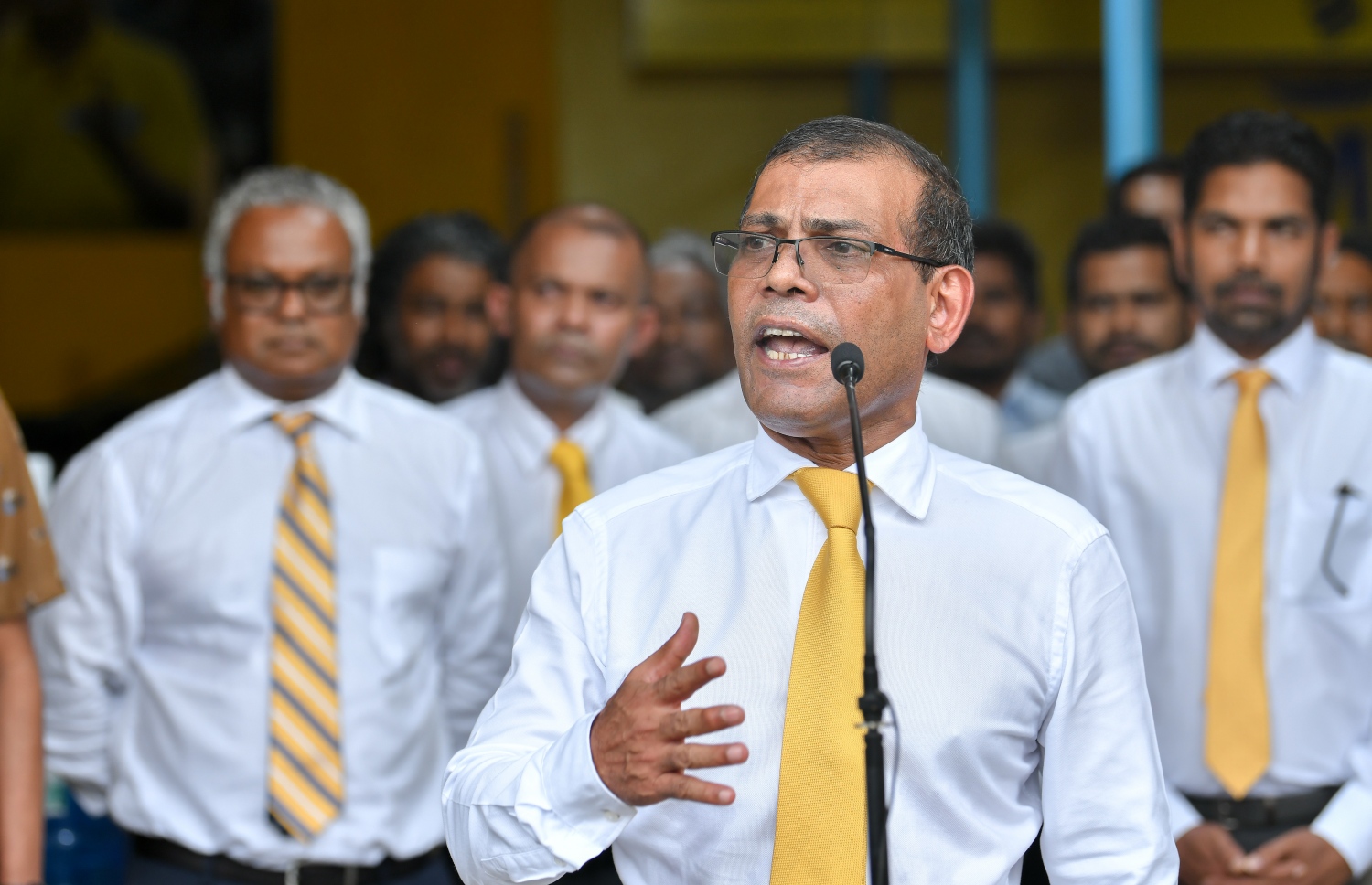 އެމްޑީޕީގެ 17 ވަނަ އަހަރީ ދުވަހުގެ މުނާސަބަތުގައި ބޭއްވި ދިދަ ނެގުމުގެ ރަސްމިއްޔާތުގައި އެމްޑީޕީގެ ރައީސް މުހައްމަދު ނަޝީދު ވާހަކަ ދައްކަވަނީ. --. ފޮޓޯ: ނިޝާން އަލީ /މިހާރު