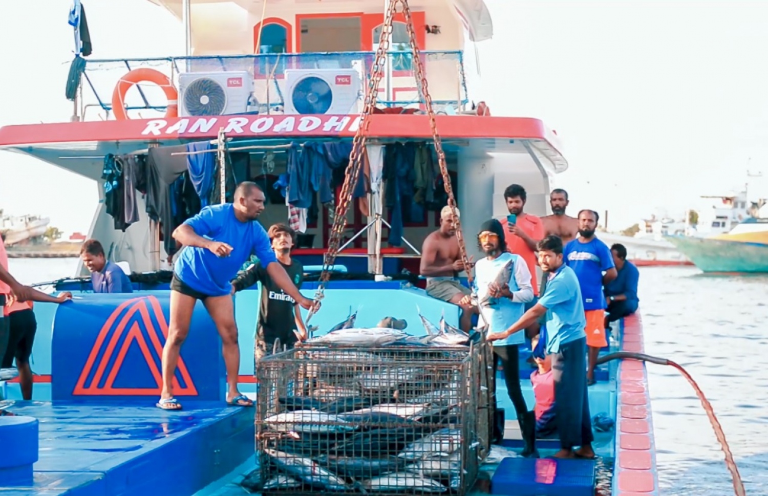 ހޮރައިޒަންގެ މަސްބޯޓެއްގައި މަސްވެރިން މަސައްކަތުގައި. ފޮޓޯ: ޮރައިޒަން ފިޝަރީޒް