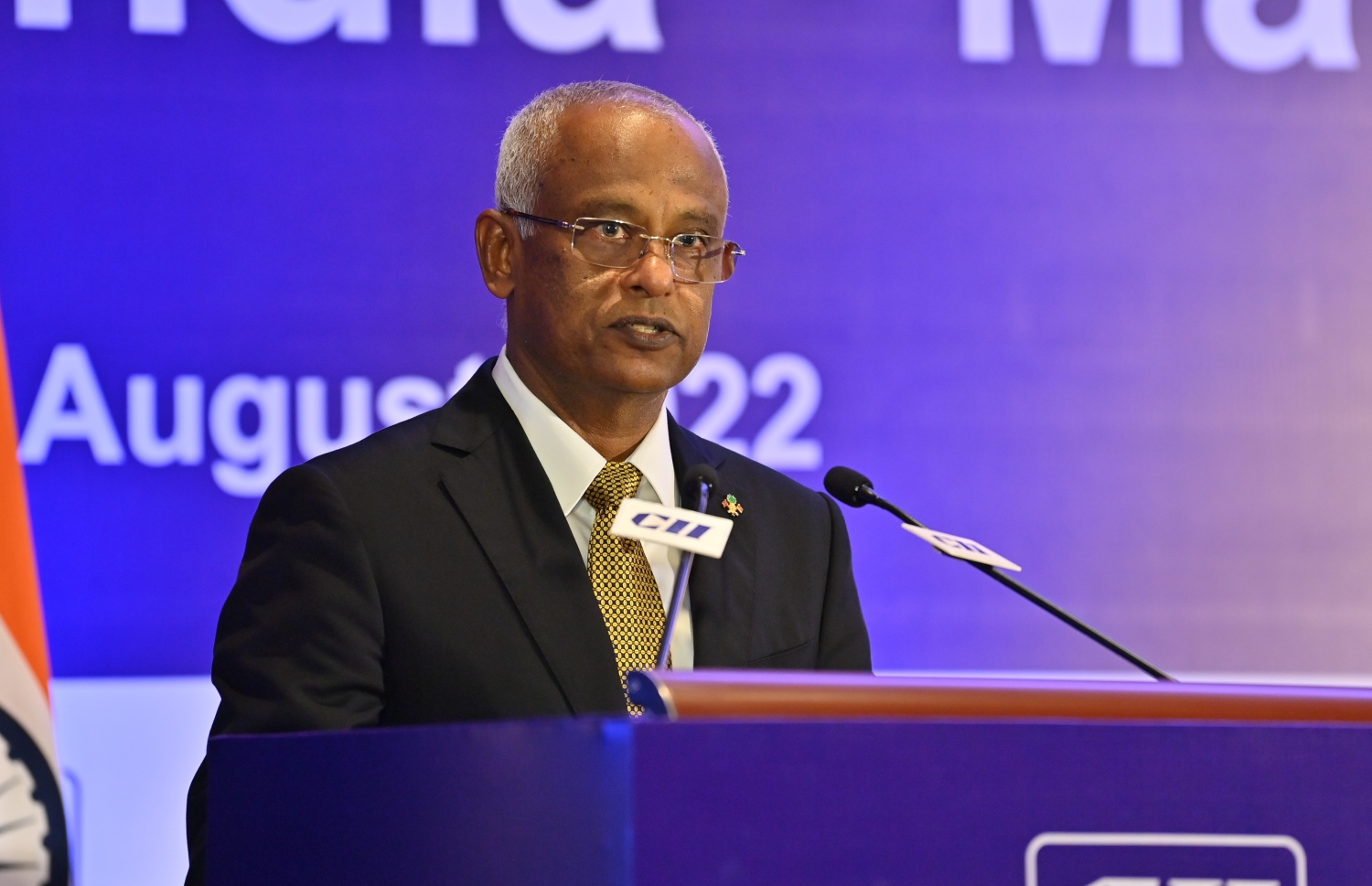 މާލެ: ނޮވެމްބަރު 16، 2022: ޕެންޝަން އޮފީހުން ފެށި "މޯލްޑިވްސް ފައިނޭންސް ފޯރަމް"ގައި ރައީސް އިބްރާހިމް މުހައްމަދު ސޯލިހު ވާހަކަ ދައްކަވަނީ.-- ފޮޓޯ: ނިޝާން އަލީ /މިހާރު