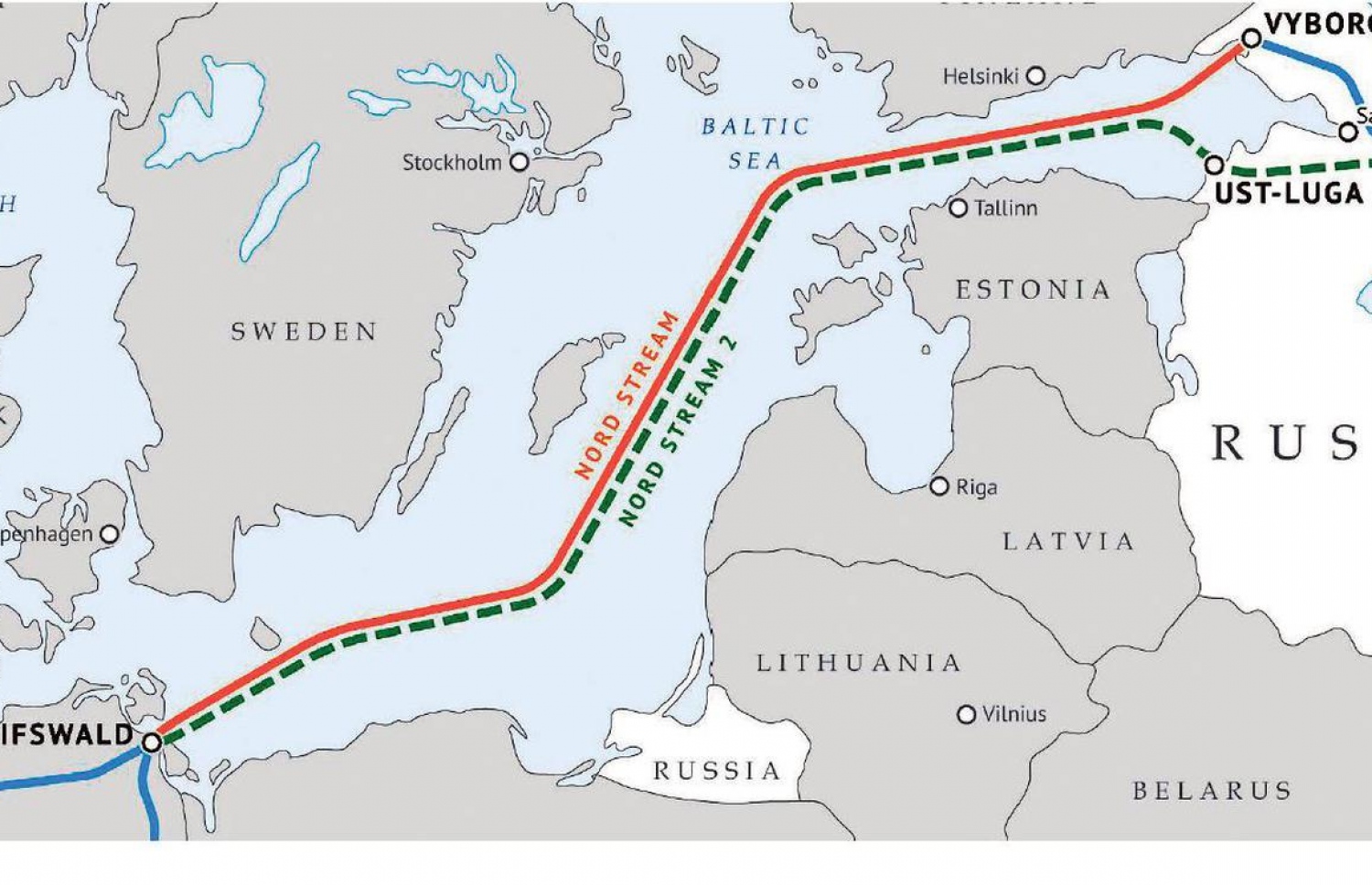 ރަޝިޔާ އިން ހުޅަނގު ޔޫރަޕަށް ގޭސް ފޮނުވުމަށް ބޯލްޓިކް ކަނޑުގެ އަޑިން ޖަރުމަން ވިލާތާ ހަމައަށް އަޅާފައިވާ ދެ ގޭސް ހޮޅި، ނޯޑް ސްޓްރީމް 1 އާއި ނޯޑް ސްޓްރީމް 2، އަޅާފައިވާ ގޮތް ދައްކައިދޭ ކުރެހުމެއް