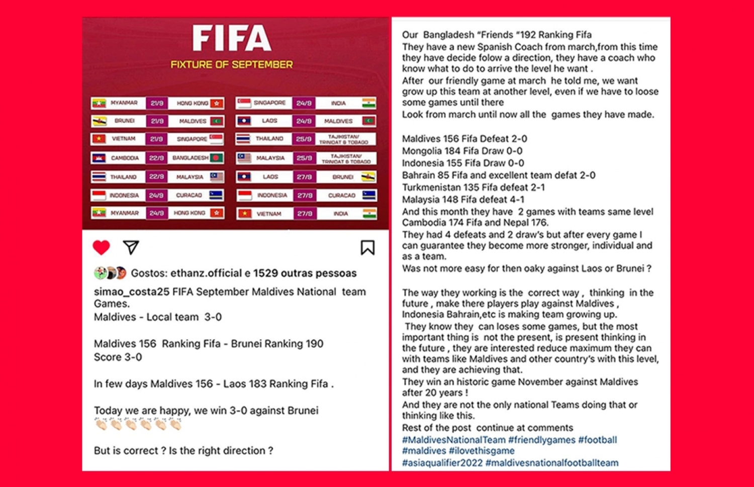 ރާއްޖޭން ބުރުނާއީ ބަލިކުރި މެޗަށް ފަހު ސިމާއޯ، ކުޅުންތެރިންނަށް މަރުހަބާ ކިޔައި ސިމާއޯ ކުރި ޕޯސްޓުގެ ސްކްރީންޝޮޓެއް. މޮޅު ވިޔަސް، ރޭންކިންގައި ރާއްޖެއަށް ވުރެ ފަހަތުގައި އުޅޭ ޓީމުތަކާ ދެކޮޅަށް ރަހުމަތްތެރިކަމުގެ މެޗުތައް ކުޅުމަކީ ޒުވާން ކުޅުންތެރިން ކުރިއަރުވަން އިހުތިޔާރުކުރުން އެންމެ ރަނގަޅު މިސްރާބު ނޫން ކަން އޭނާ ވަނީ ފާހަގަ ކޮށްފައި.