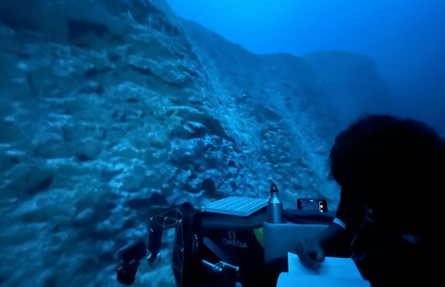 ކަނޑުއަޑިއަށް ކުރެއްވި ޑައިވްގައި މިނިސްޓަރު ޝައުނާ ނަންގަވާފައިވާ ފޮޓޯއެއް: 120 މީޓަރު އަޑީގައި ނަގާފައިވާ މި ފޮޓޯއިން ފެންނަނީ މިނިސްޓަރު ވިދާޅުވި ގޮތުގައި ރާނާފައި އޮންނަ ބޮޑު ފާރެއް ކަހަލަ ގޮތަކަށް އޮންނަ ތަނެއް.