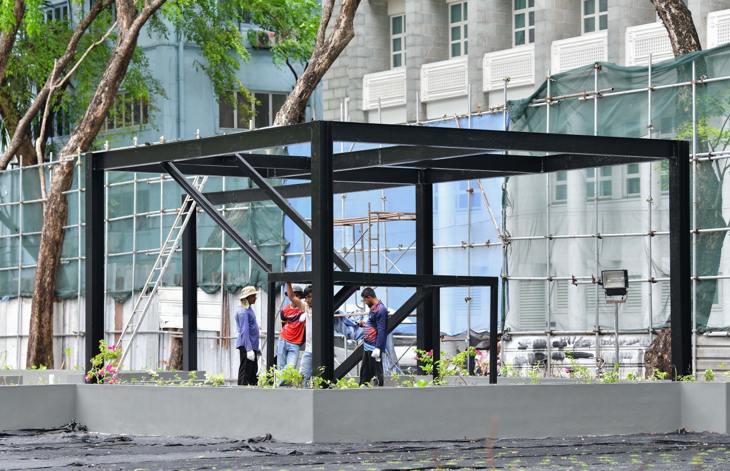 ހުރަވީ ބިލްޑިން ހުރި އިމާރާތުގައި ހަދާ ޕާކު ހެދުމުގެ މަސައްކަތް ކުރަނީ -- ފޮޓޯ: ފަޔާޒް މޫސާ | މިހާރު