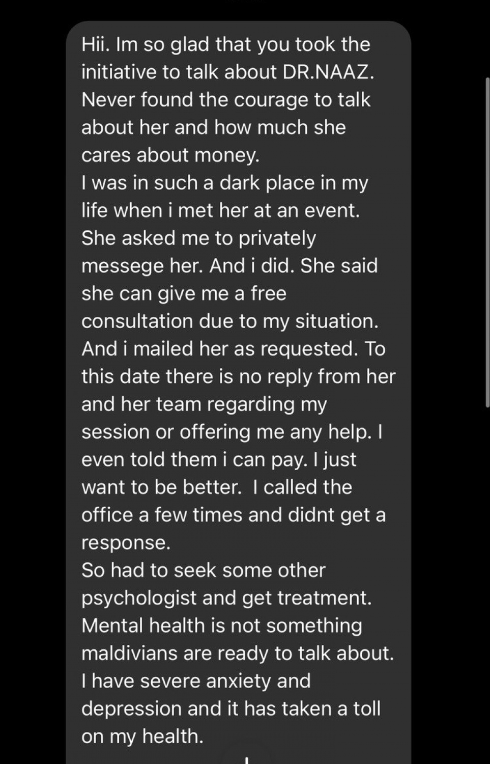 ޑރ. ނާޒް ގާތުން ފަރުވާ ހޯދި މީހެއްގެ ތަޖުރިބާ ކިޔައިދީފައި.