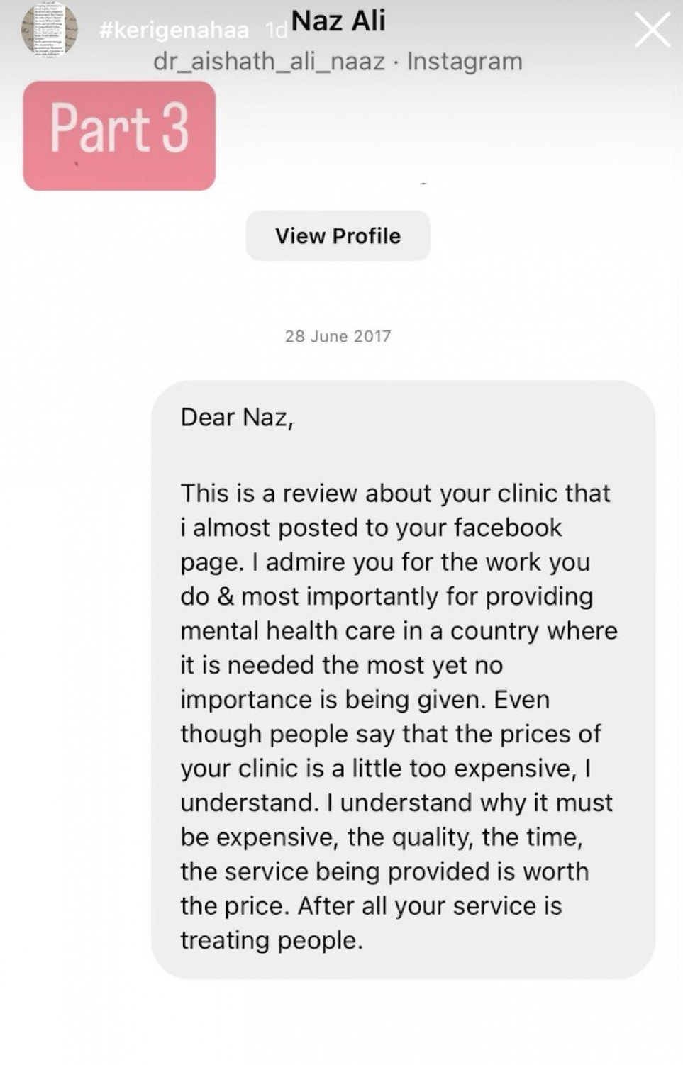 ޑރ. ނާޒް ގާތުން ފަރުވާ ހޯދި މީހެއްގެ ތަޖުރިބާ ކިޔައިދީފައި.