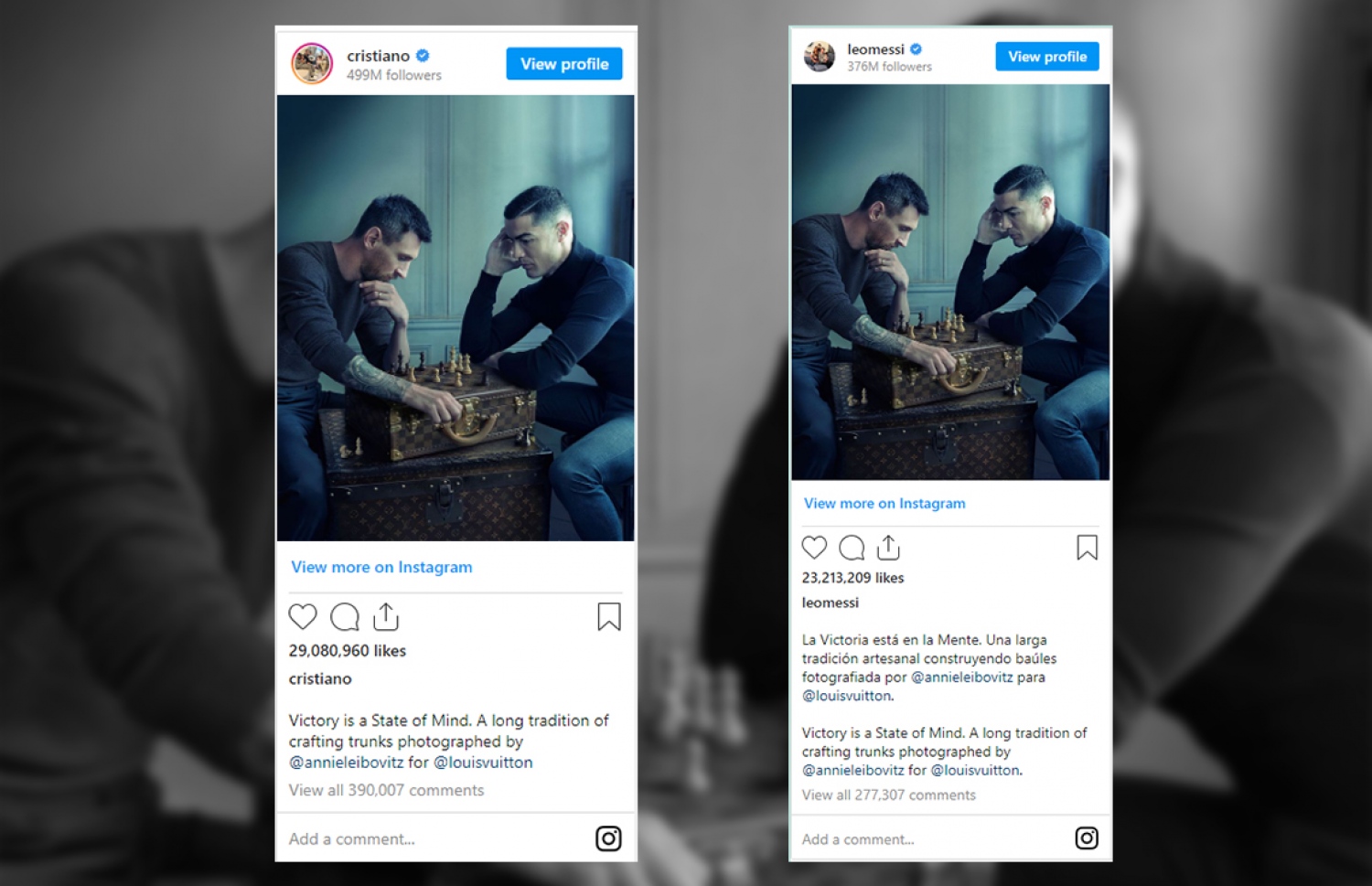 ރޮނާލްޑޯ އާއި މެސީގެ އިންސްޓަގްރާމް ފީޑުގައި ޝެއާ ކޮށްފައިވާ ޕޯސްޓް.--