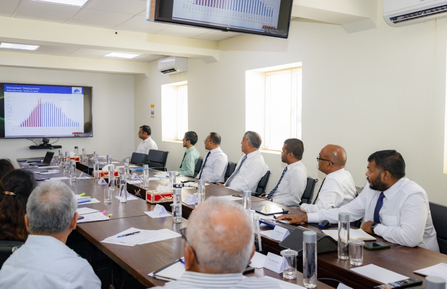 ތިލަމާލެ ބްރިޖު މަޝްރޫއުގެ މަސައްކަތް ރިވިއު ކުރުމަށް ބާއްވަމުން އަންނަ ޖޮއިންޓް ޕްރޮޖެކްޓް މޮނީޓަރިން ކޮމިޓީގެ ފަސް ވަނަ ބައްދަލުވުން -- ފޮޓޯ: ޕްލޭނިން މިނިސްޓްރީ