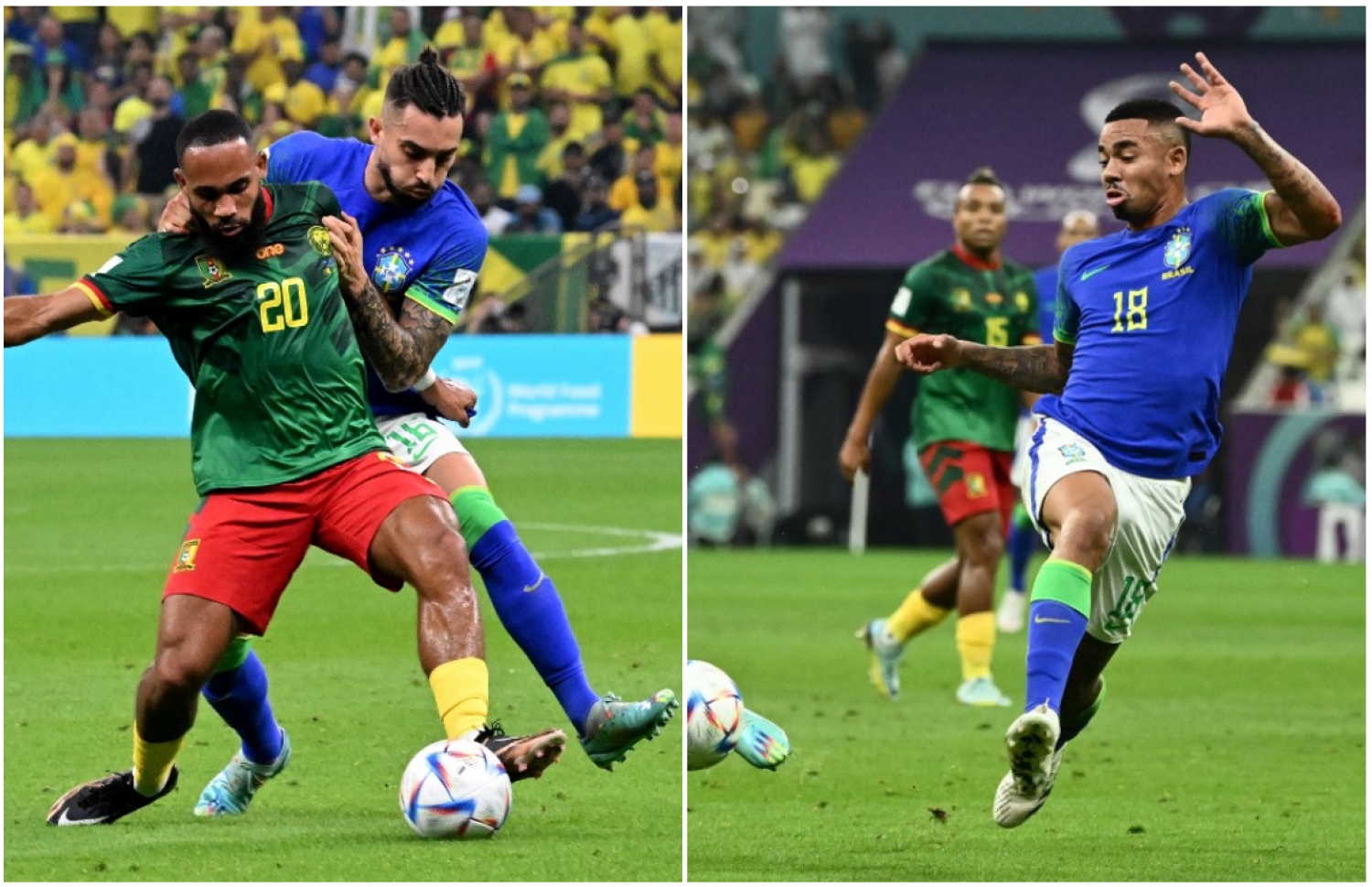 ކެމަރޫނާ ދެކޮޅަށް ބްރެޒިލް ކުޅުނު މެޗުގައި ޖީސަސް (ކ) އަދި ޓެލޭސް (ވ).-- ފޮޓޯ: އޭއެފްޕީ