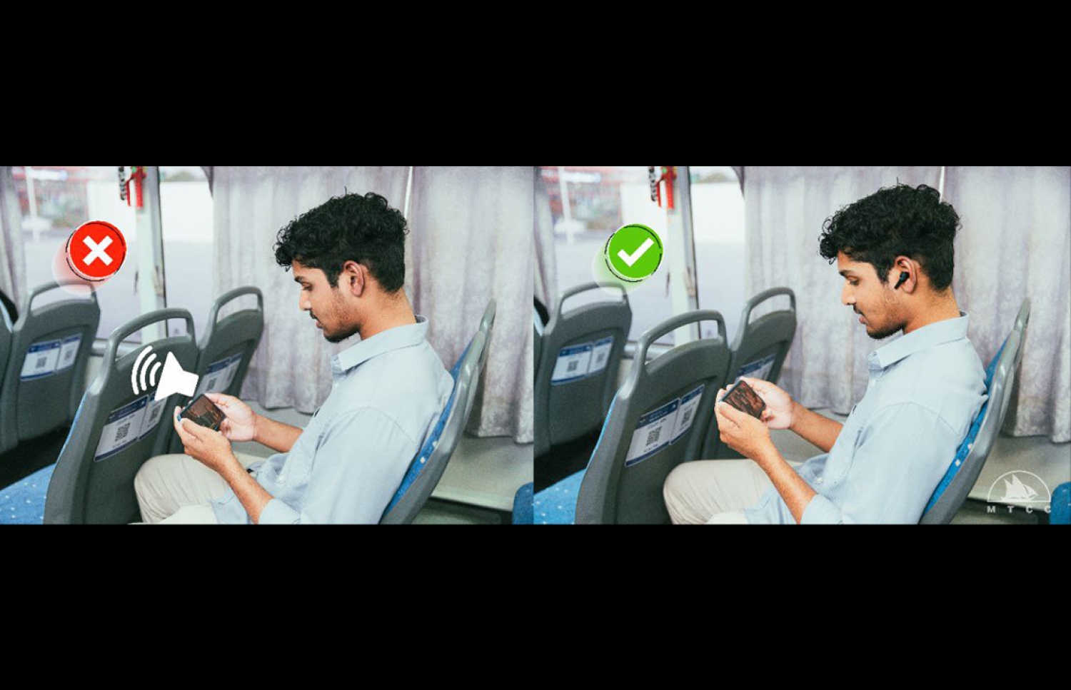 (ކ). ބަހުގައި ދަތުރުކުރާއިރު ފޯނުން އެއްޗެއް އަޑުއަހާނަމަ ފޯން ހެޑްސެޓް ބޭނުންކުރައްވާ. (ވ). ބަހުގައި ފޯނުން އަޑުބާރުކޮށް ލަވަޖަހާ ފިލްމު ފަދަ ތަކެތި އަޑުއަހާ ބެލުމުން ކައިރީގައިތިބޭ އެހެން ކަސްޓަމަރުންނަށް އުނދަގޫވޭ. -- ފޮޓޯ: އެމްޓީސީސީ