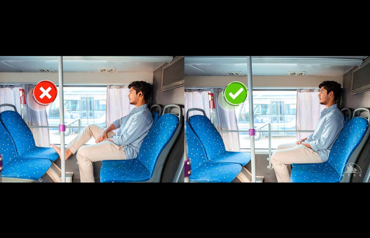 (ކ). ބަހުގެ ސީޓުތަކުގައިވެސް އިށީނދެގެން އިންނަންވާނީ އަނެކާއަށް އުނދަގޫ ނުވާނެހެން. (ވ). ބަހުގެ ސީޓުތަކަށް ފައި ނަގައިގެން އިނުމަކީ އަދަބު ކުޑަގޮތެއް، މިފަދަ އަމަލުތަކުން ދުރުވަމާ. -- ފޮޓޯ: އެމްޓީސީސީ